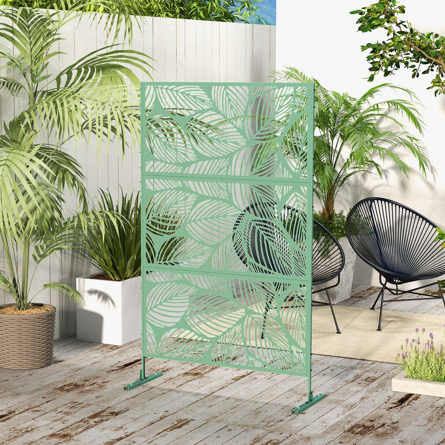 Metal Outdoor Privacy Screen, Decorative Outdoor Divider with Stand and Expansion Screws, Freestanding Privacy Panel for Garden, Backyard, Deck, Leaf Style, Light Green