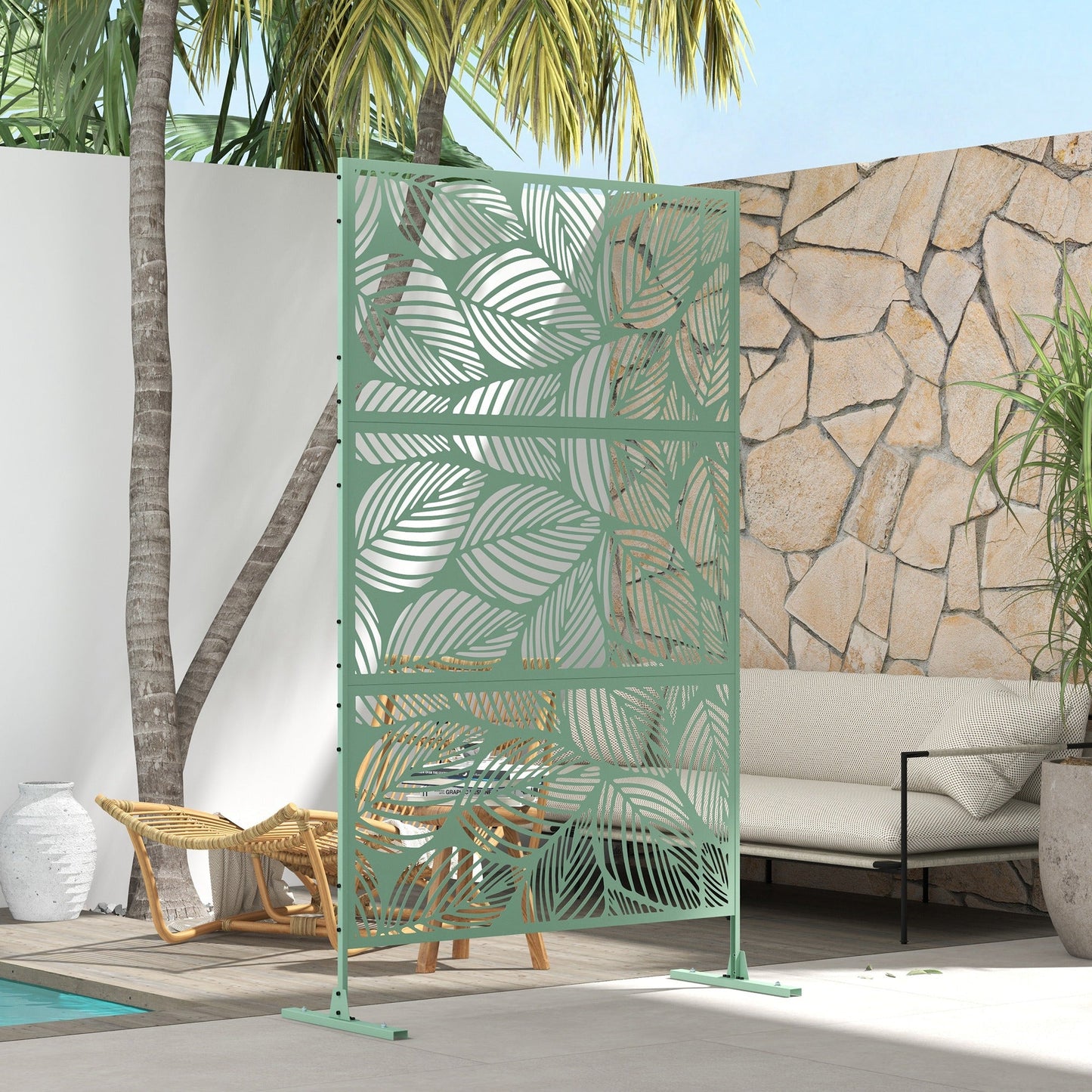 Metal Outdoor Privacy Screen, Decorative Outdoor Divider with Stand and Expansion Screws, Freestanding Privacy Panel for Garden, Backyard, Deck, Leaf Style, Light Green