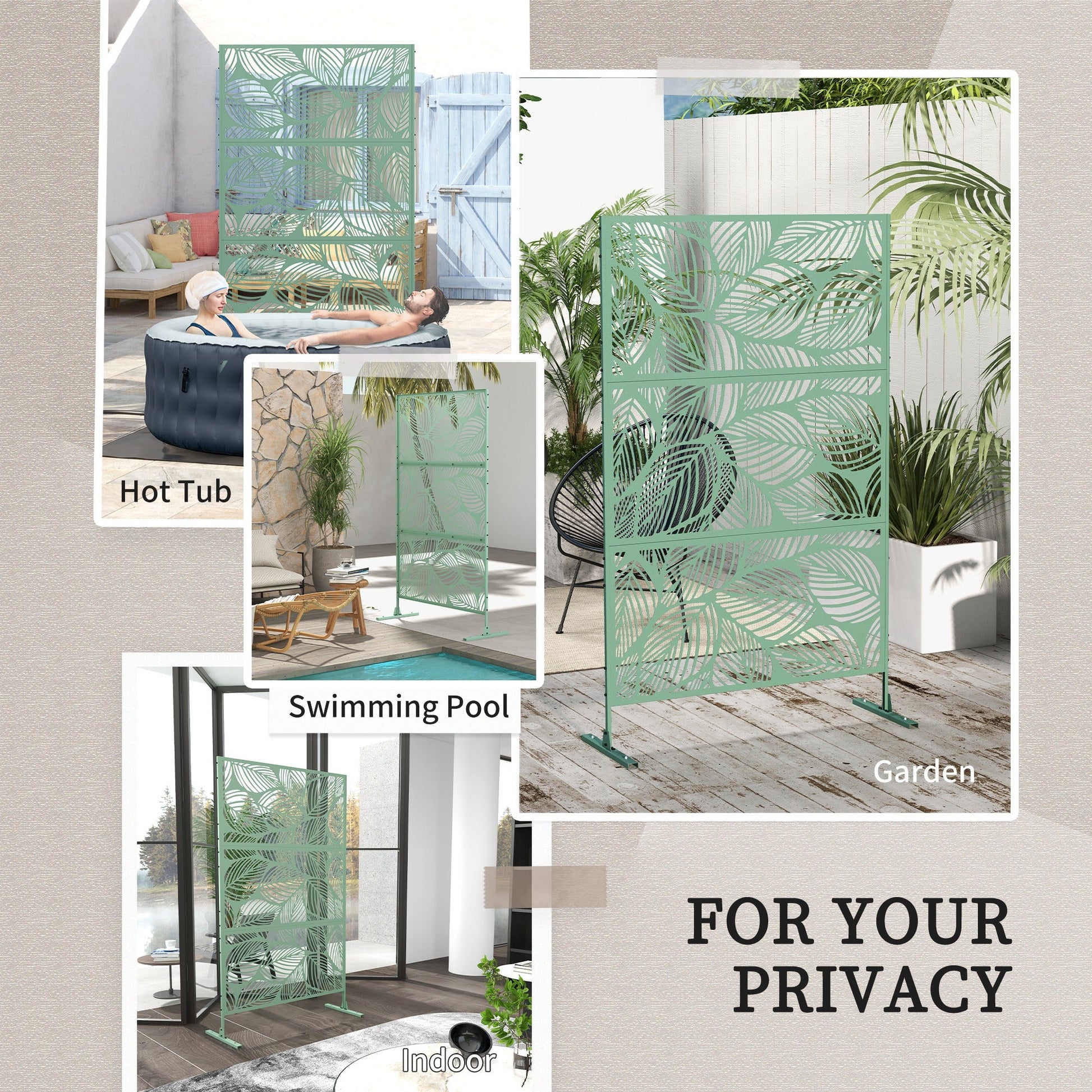 Metal Outdoor Privacy Screen, Decorative Outdoor Divider with Stand and Expansion Screws, Freestanding Privacy Panel for Garden, Backyard, Deck, Leaf Style, Light Green