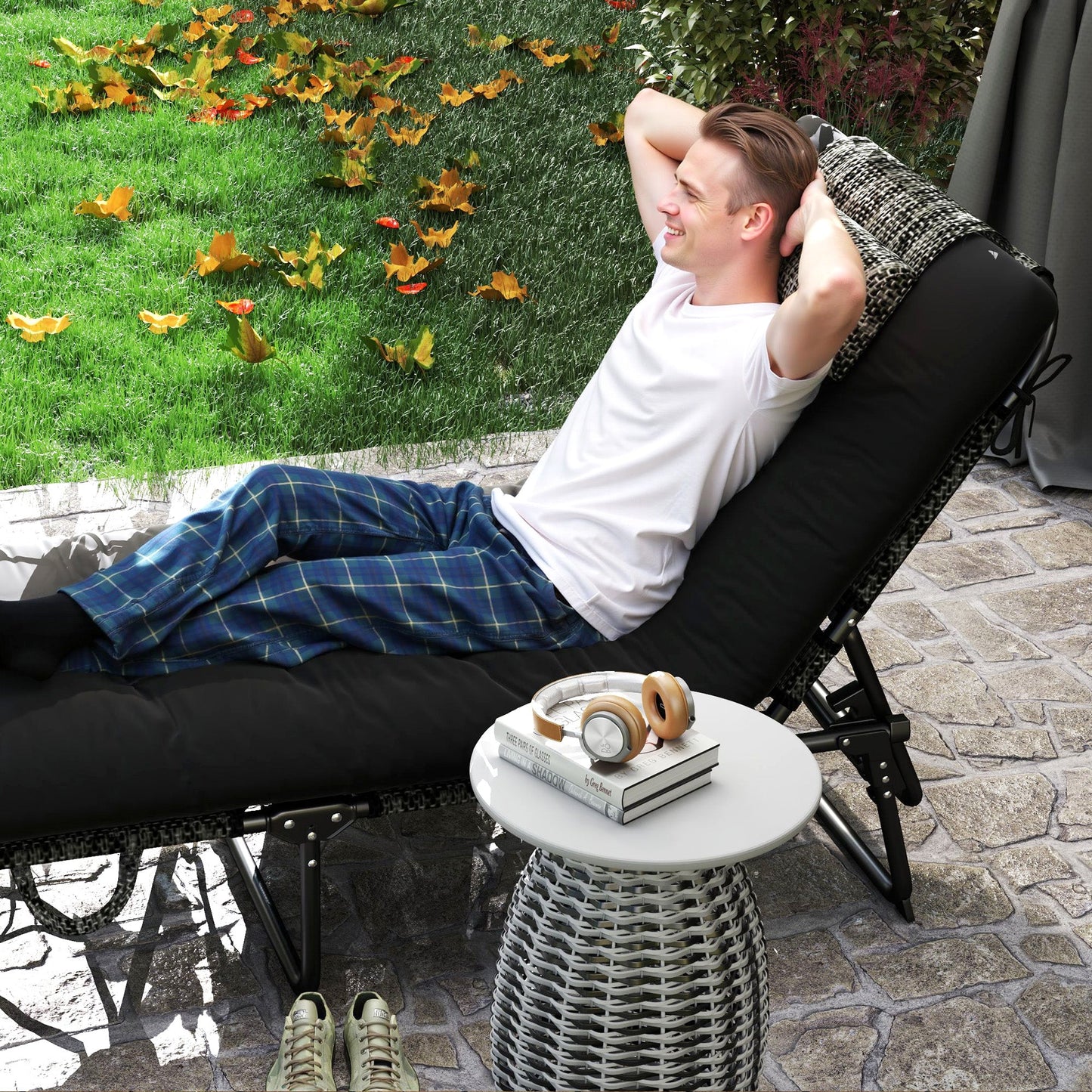 Folding Lounge Chair with 4-level Reclining Back, Outdoor Tanning Chair with Cushion, Sun Lounger with Breathable Mesh Fabric, Side Pocket, Headrest, Black