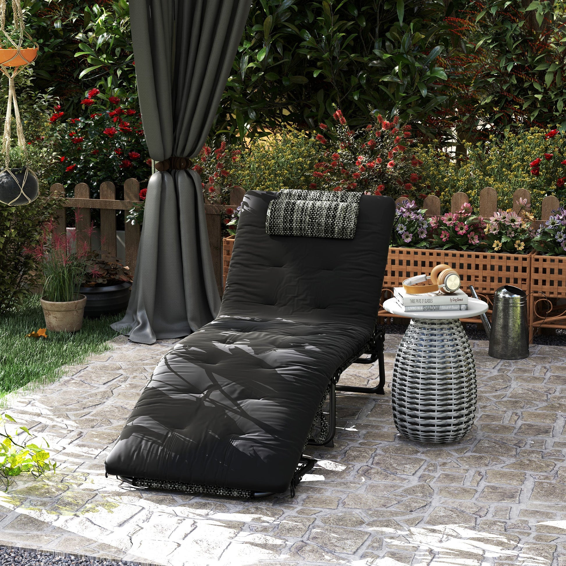 Folding Lounge Chair with 4-level Reclining Back, Outdoor Tanning Chair with Cushion, Sun Lounger with Breathable Mesh Fabric, Side Pocket, Headrest, Black