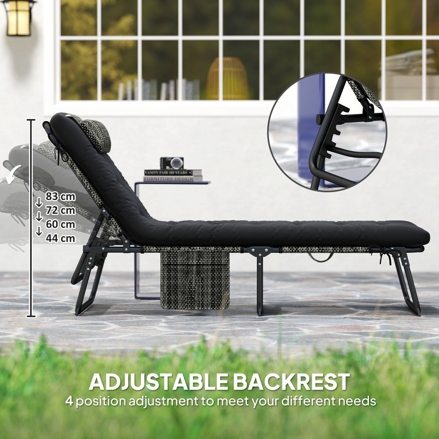 Folding Lounge Chair with 4-level Reclining Back, Outdoor Tanning Chair with Cushion, Sun Lounger with Breathable Mesh Fabric, Side Pocket, Headrest, Black
