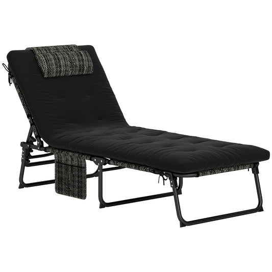 Folding Lounge Chair with 4-level Reclining Back, Outdoor Tanning Chair with Cushion, Sun Lounger with Breathable Mesh Fabric, Side Pocket, Headrest, Black