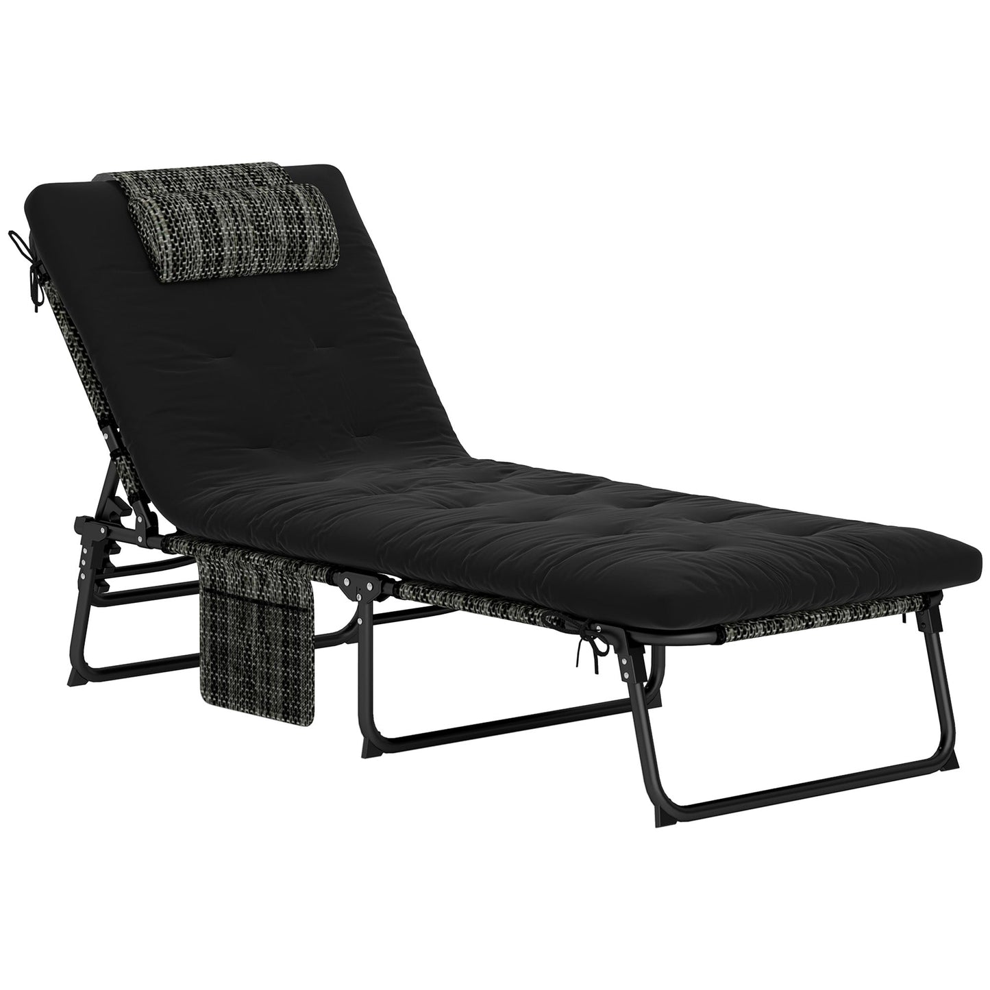 Folding Lounge Chair with 4-level Reclining Back, Outdoor Tanning Chair with Cushion, Sun Lounger with Breathable Mesh Fabric, Side Pocket, Headrest, Black