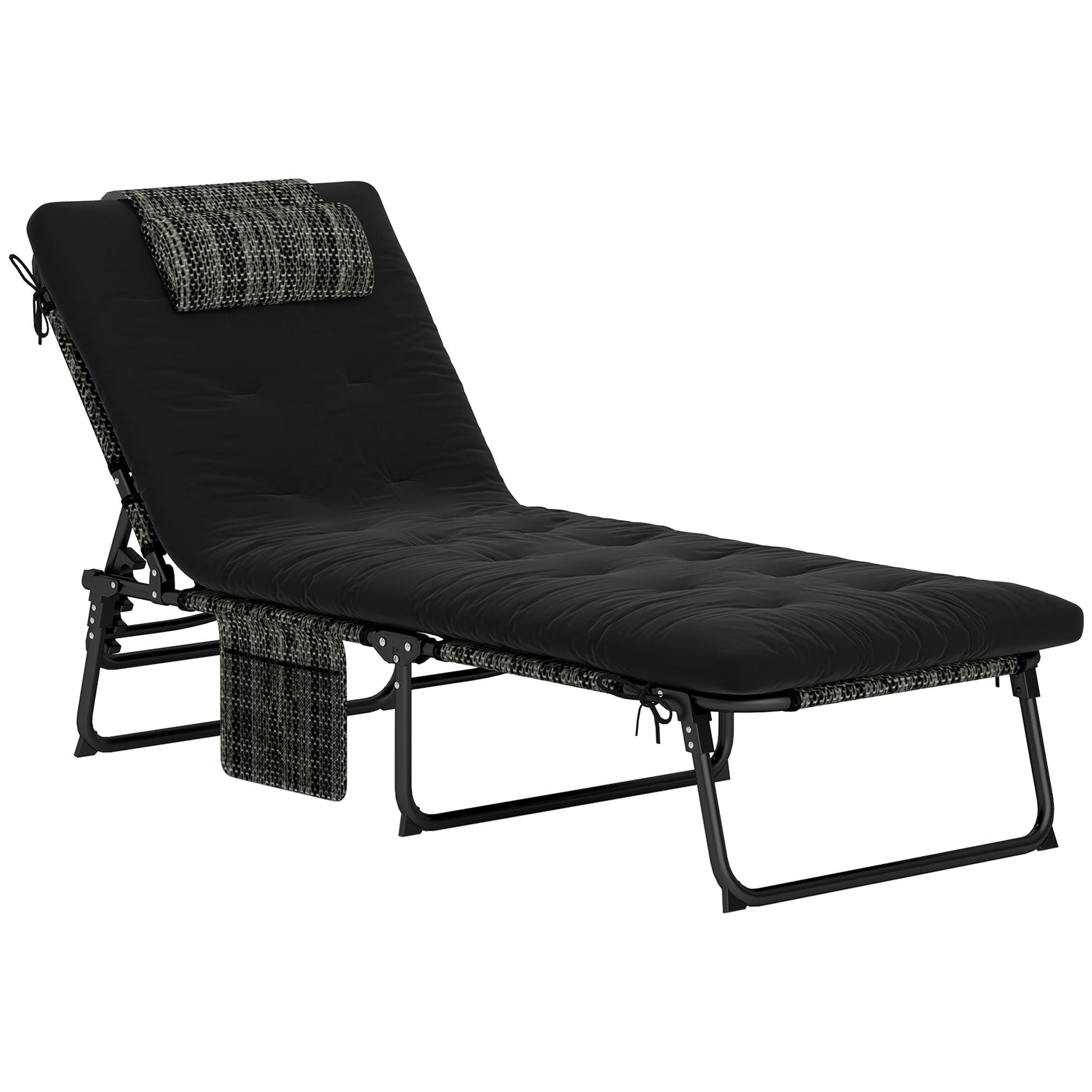 Folding Lounge Chair with 4-level Reclining Back, Outdoor Tanning Chair with Cushion, Sun Lounger with Breathable Mesh Fabric, Side Pocket, Headrest, Black