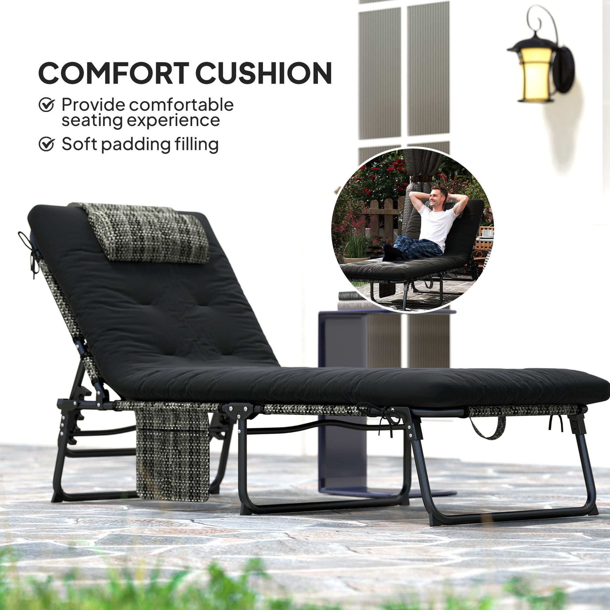 Folding Lounge Chair with 4-level Reclining Back, Outdoor Tanning Chair with Cushion, Sun Lounger with Breathable Mesh Fabric, Side Pocket, Headrest, Black