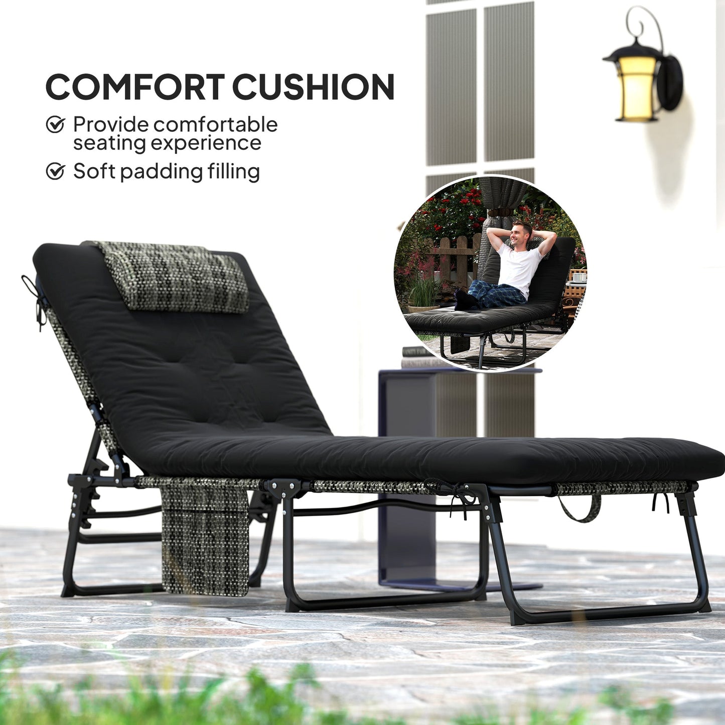 Folding Lounge Chair with 4-level Reclining Back, Outdoor Tanning Chair with Cushion, Sun Lounger with Breathable Mesh Fabric, Side Pocket, Headrest, Black