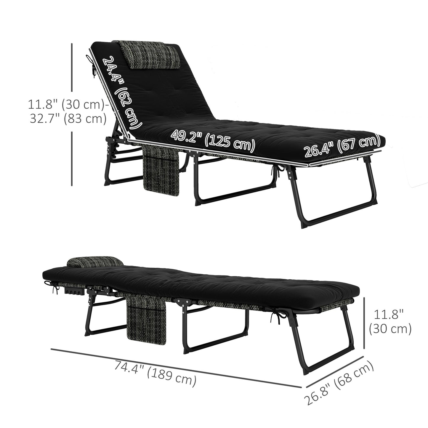 Folding Lounge Chair with 4-level Reclining Back, Outdoor Tanning Chair with Cushion, Sun Lounger with Breathable Mesh Fabric, Side Pocket, Headrest, Black