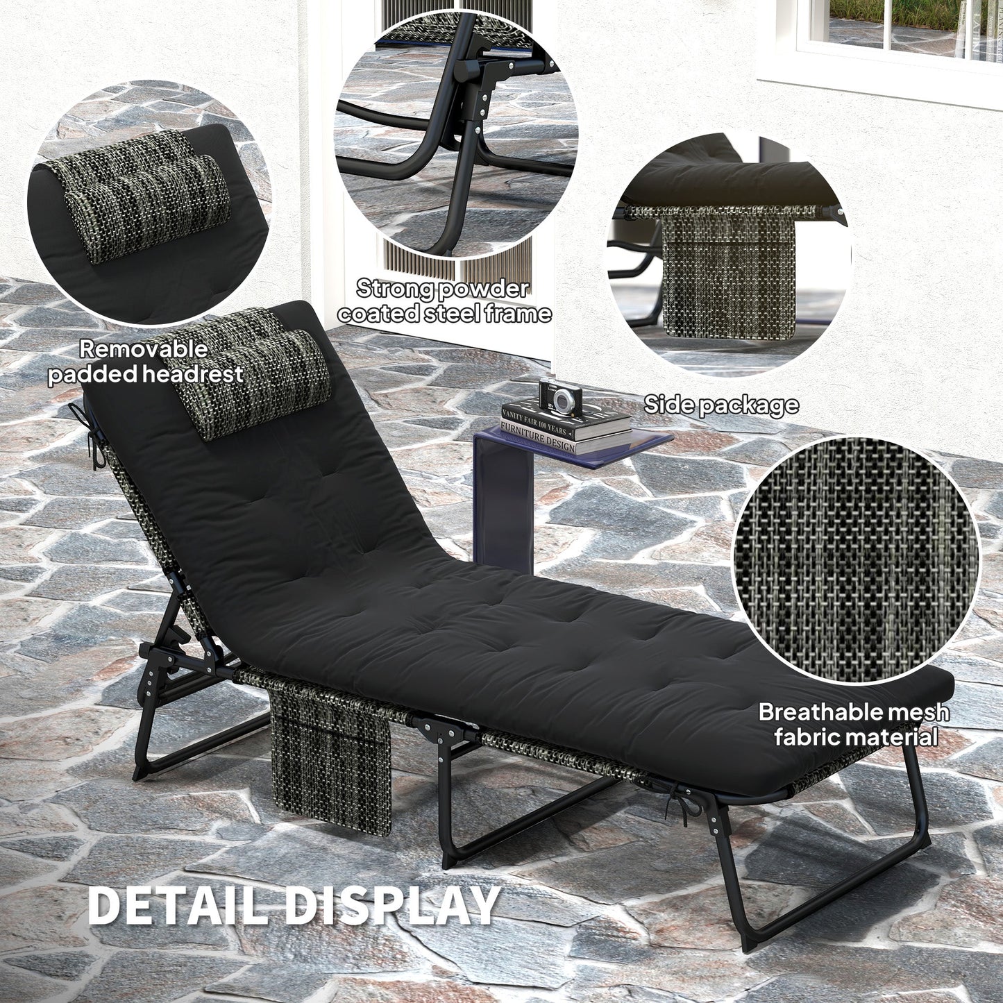Folding Lounge Chair with 4-level Reclining Back, Outdoor Tanning Chair with Cushion, Sun Lounger with Breathable Mesh Fabric, Side Pocket, Headrest, Black