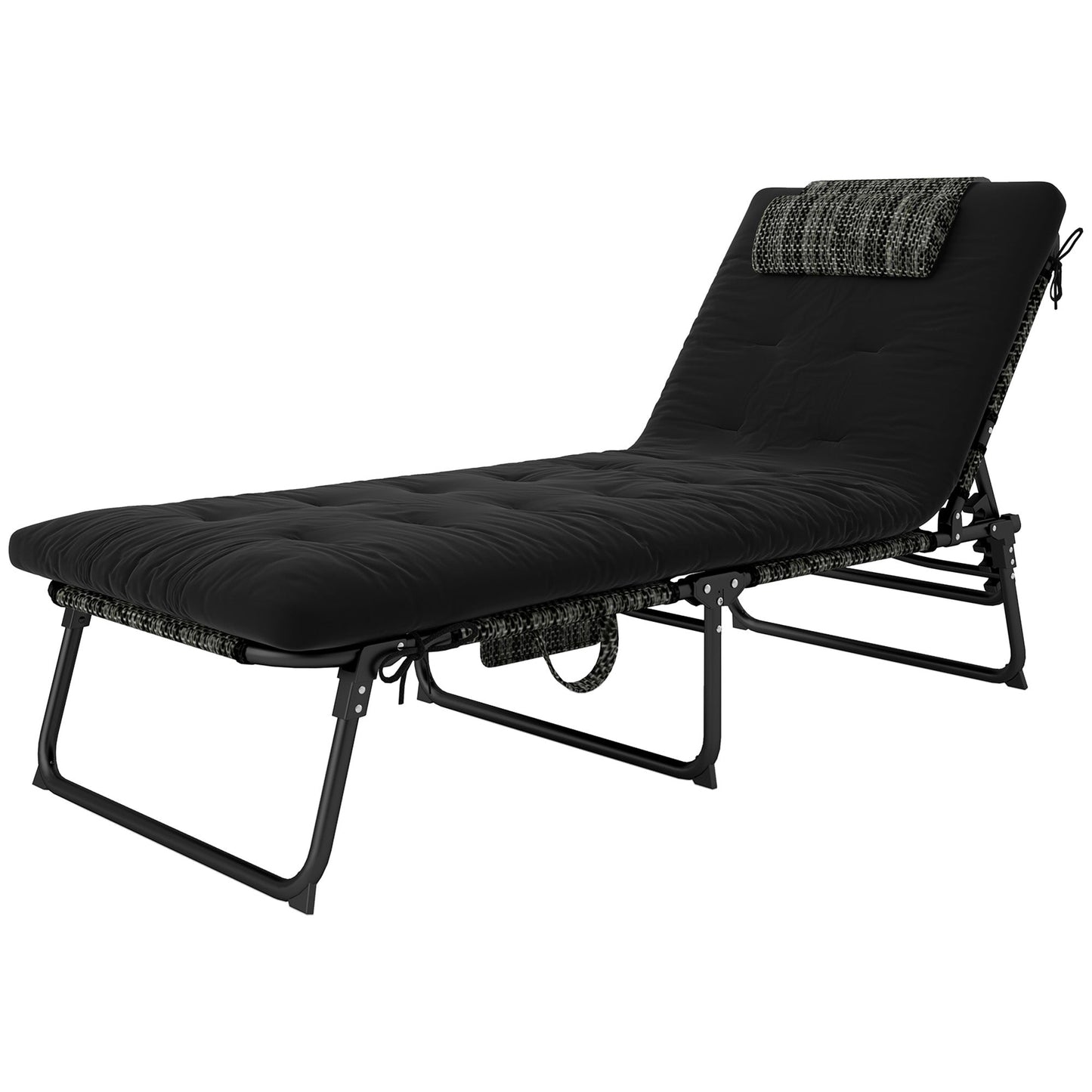 Folding Lounge Chair with 4-level Reclining Back, Outdoor Tanning Chair with Cushion, Sun Lounger with Breathable Mesh Fabric, Side Pocket, Headrest, Black
