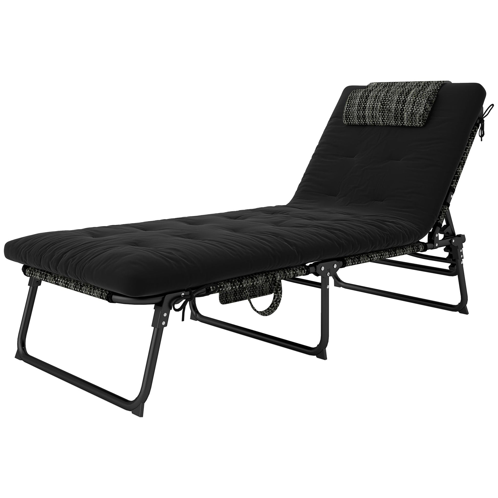 Folding Lounge Chair with 4-level Reclining Back, Outdoor Tanning Chair with Cushion, Sun Lounger with Breathable Mesh Fabric, Side Pocket, Headrest, Black