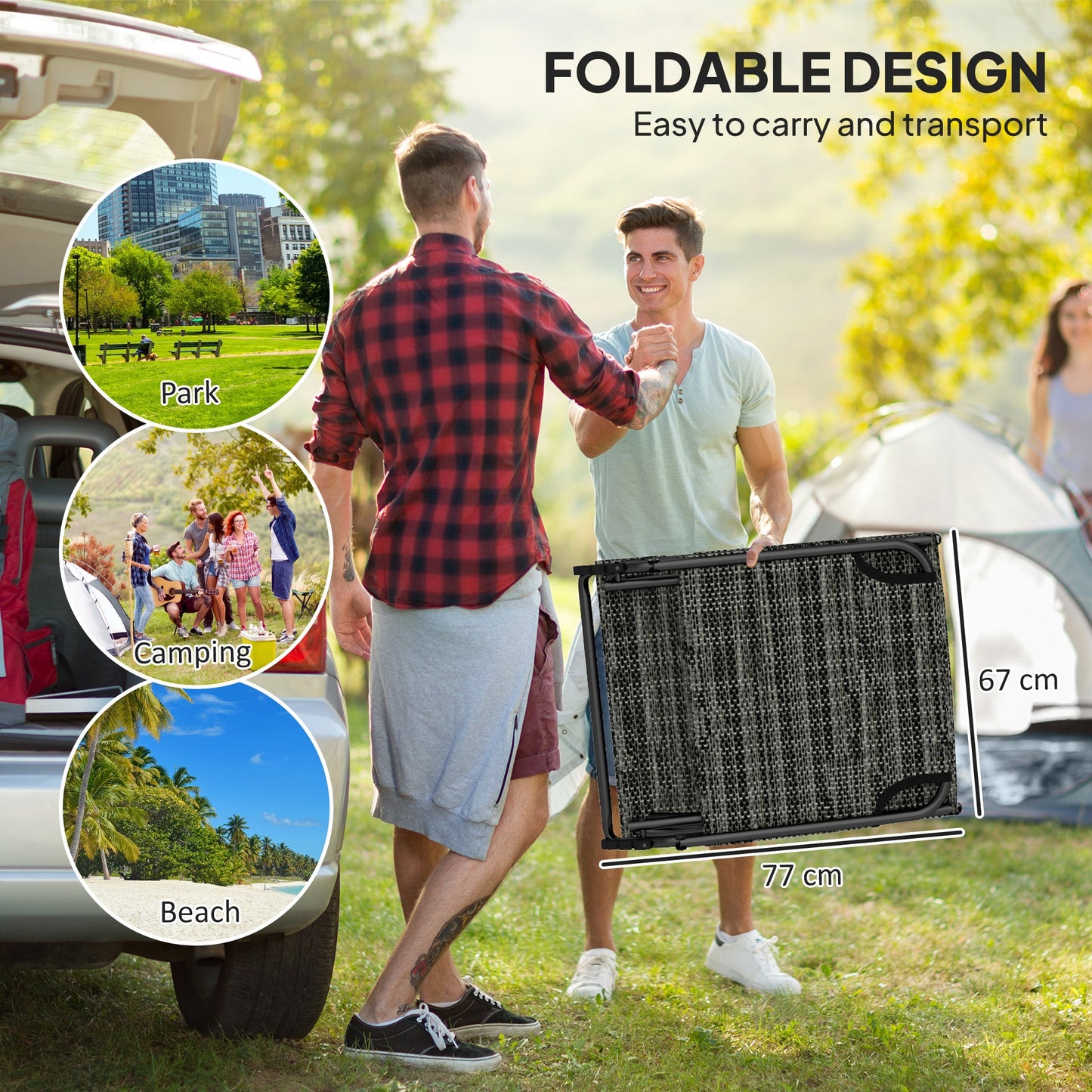 Folding Lounge Chair with 4-level Reclining Back, Outdoor Tanning Chair with Cushion, Sun Lounger with Breathable Mesh Fabric, Side Pocket, Headrest, Black