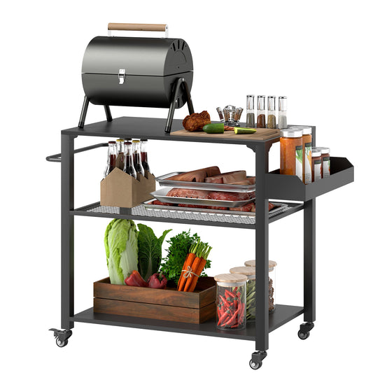 Three-Shelf Outdoor Grill Dining Cart, Pizza Oven Stand with Storage Rack, Side Handle, BBQ Movable Food Prep Table with 4 Wheels for Backyard Party