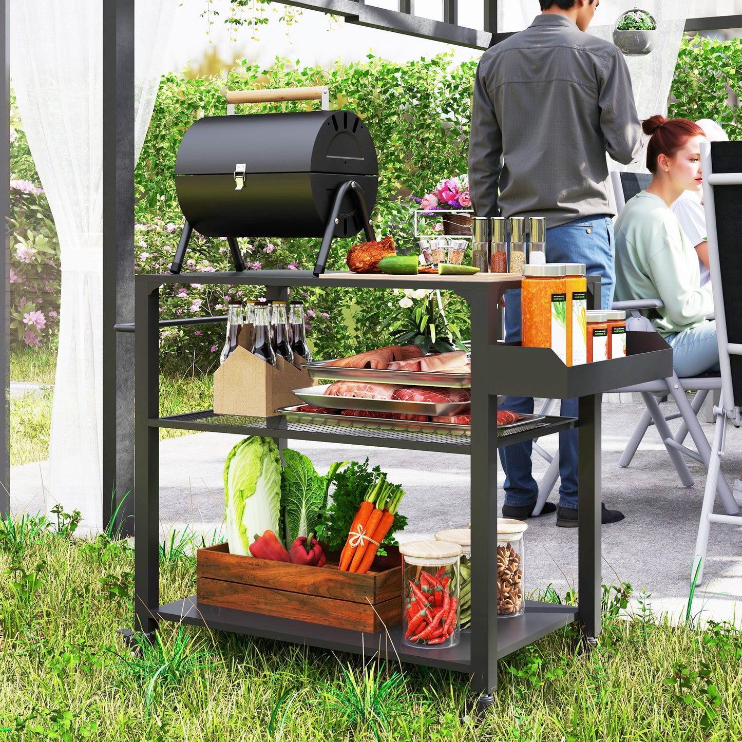 Three-Shelf Outdoor Grill Dining Cart, Pizza Oven Stand with Storage Rack, Side Handle, BBQ Movable Food Prep Table with 4 Wheels for Backyard Party