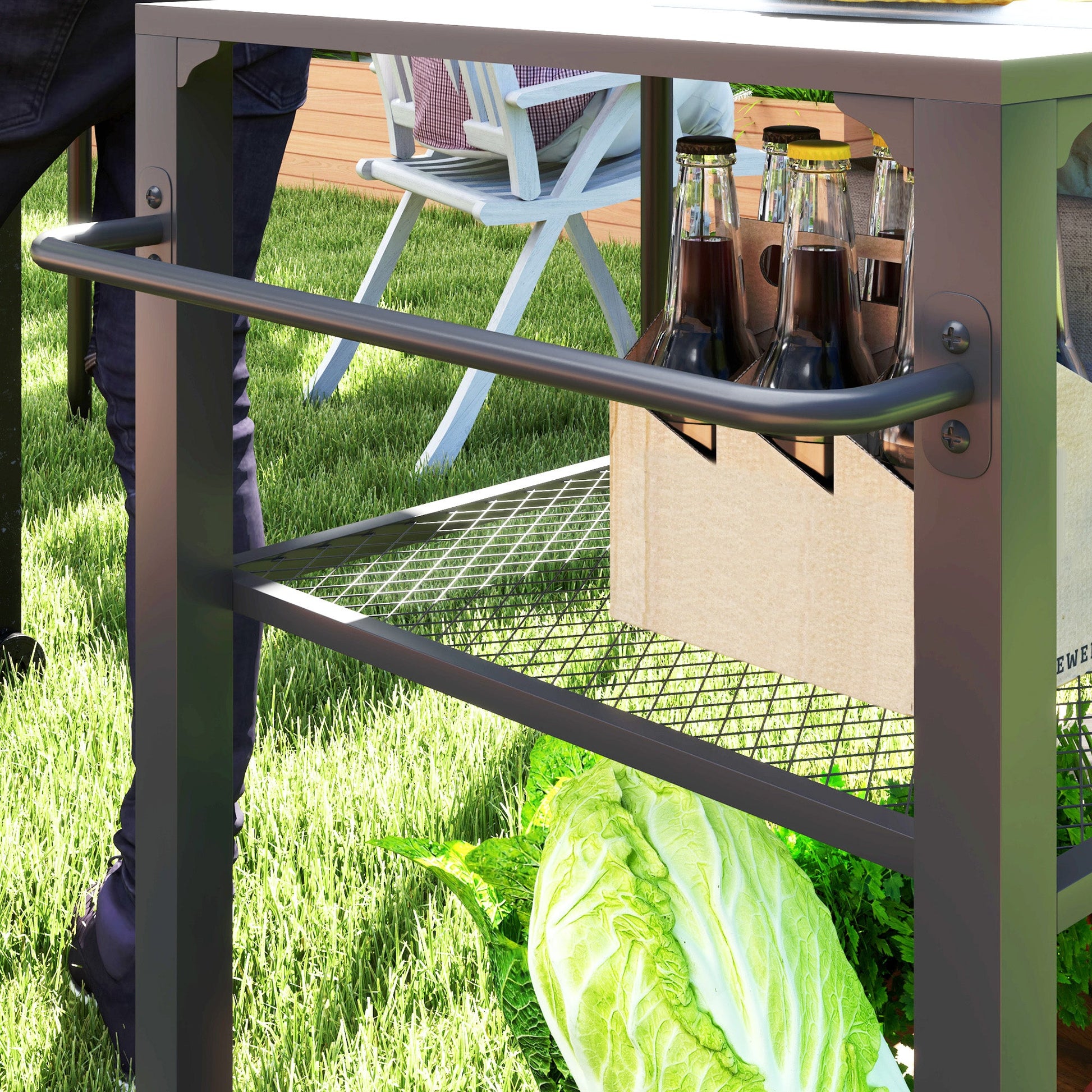 Three-Shelf Outdoor Grill Dining Cart, Pizza Oven Stand with Storage Rack, Side Handle, BBQ Movable Food Prep Table with 4 Wheels for Backyard Party