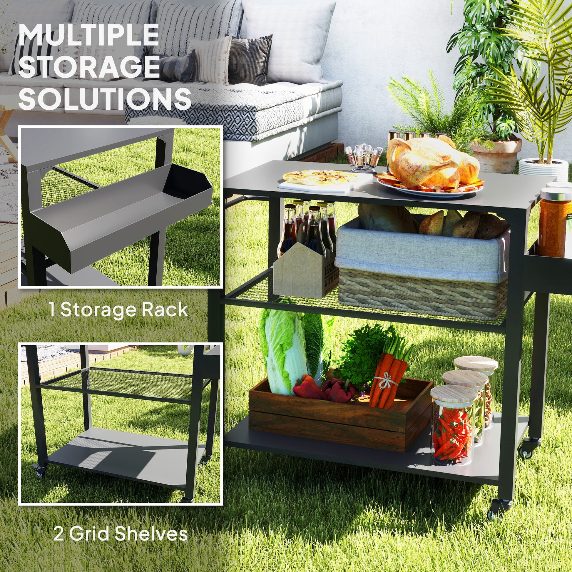 Three-Shelf Outdoor Grill Dining Cart, Pizza Oven Stand with Storage Rack, Side Handle, BBQ Movable Food Prep Table with 4 Wheels for Backyard Party