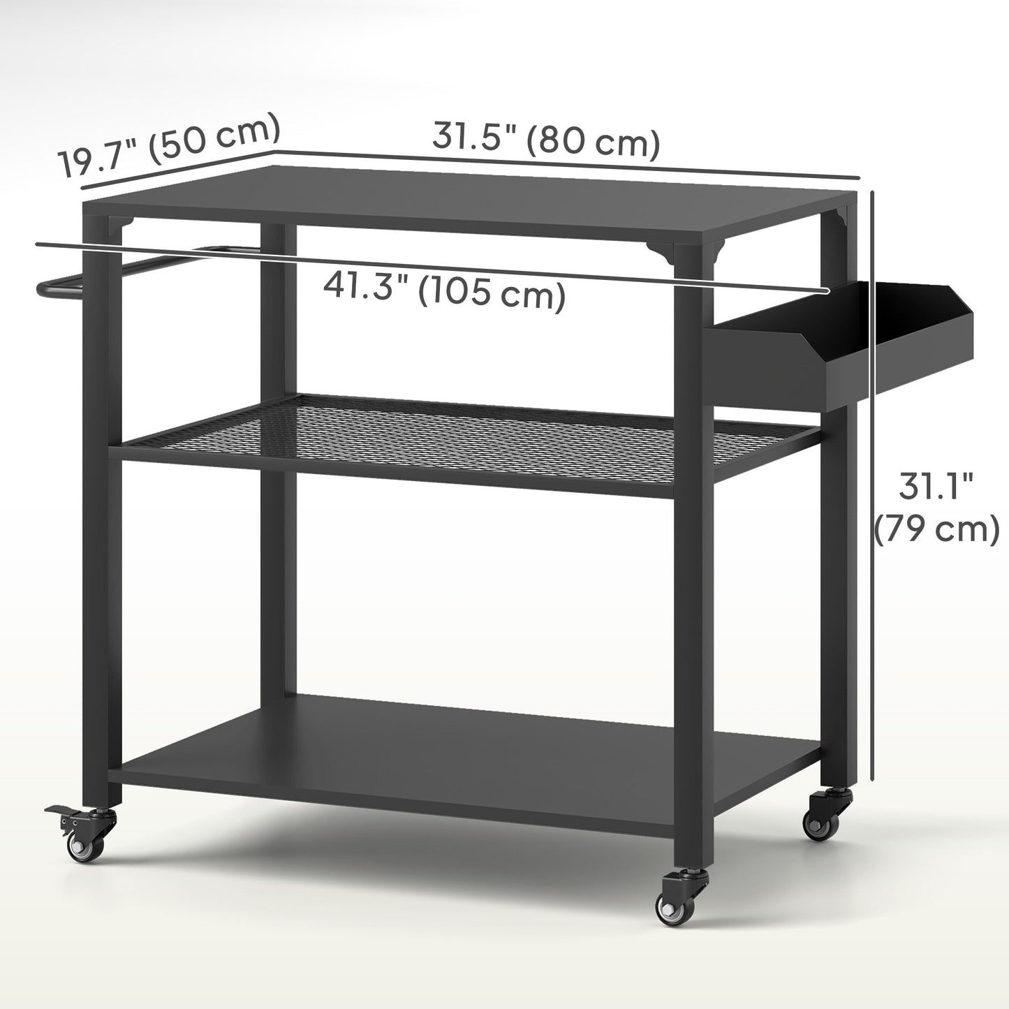 Three-Shelf Outdoor Grill Dining Cart, Pizza Oven Stand with Storage Rack, Side Handle, BBQ Movable Food Prep Table with 4 Wheels for Backyard Party