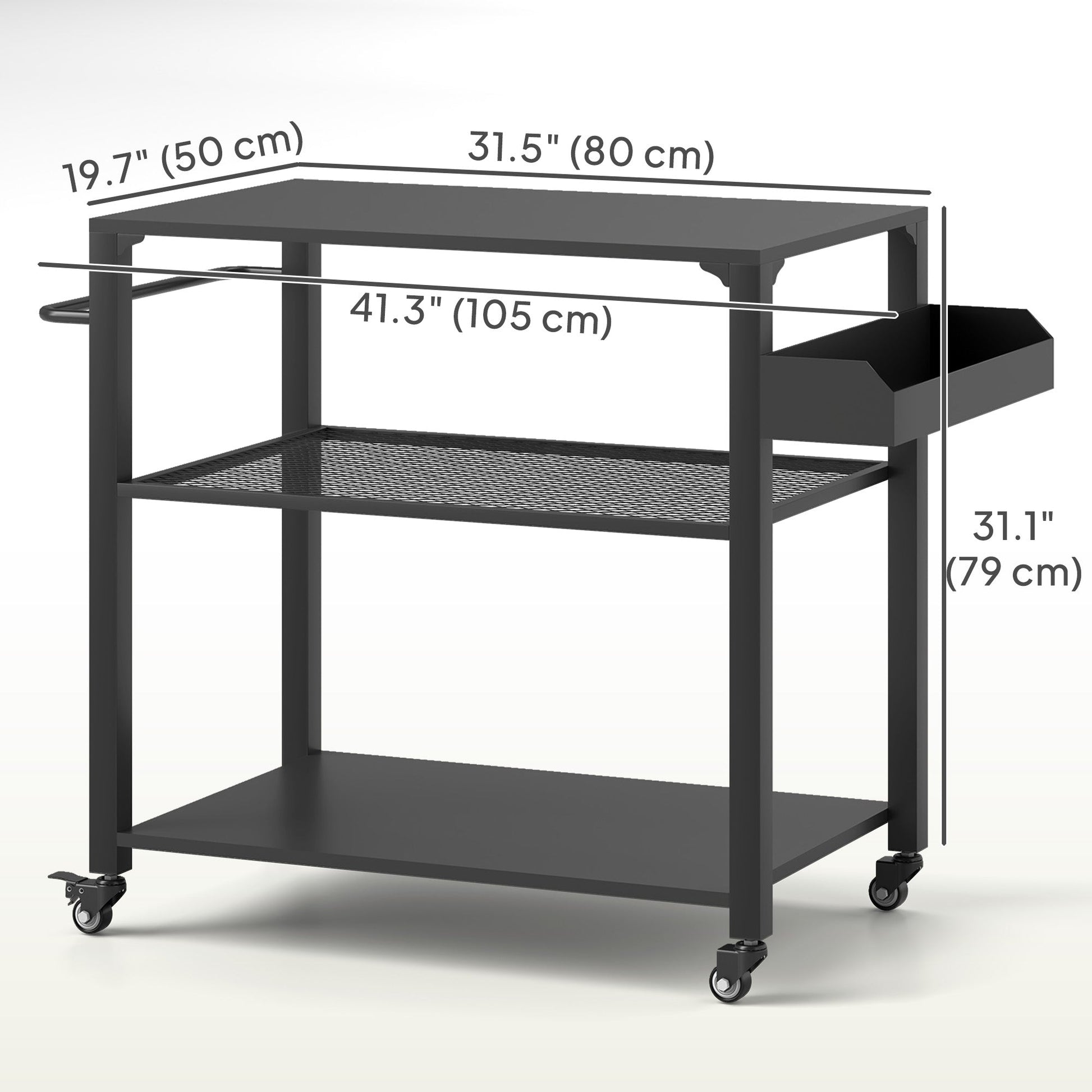 Three-Shelf Outdoor Grill Dining Cart, Pizza Oven Stand with Storage Rack, Side Handle, BBQ Movable Food Prep Table with 4 Wheels for Backyard Party