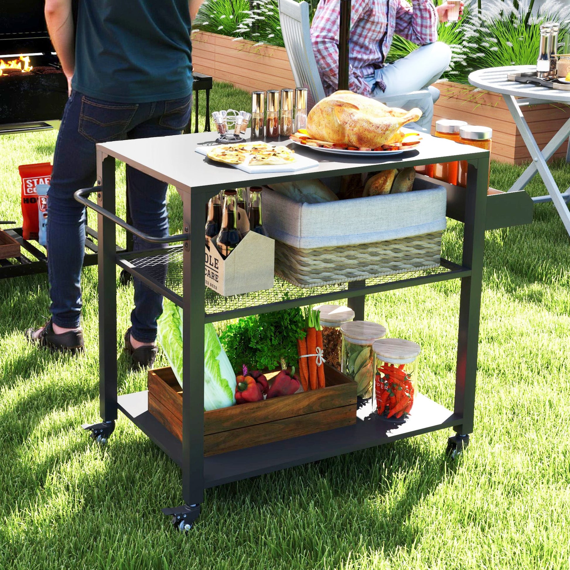 Three-Shelf Outdoor Grill Dining Cart, Pizza Oven Stand with Storage Rack, Side Handle, BBQ Movable Food Prep Table with 4 Wheels for Backyard Party