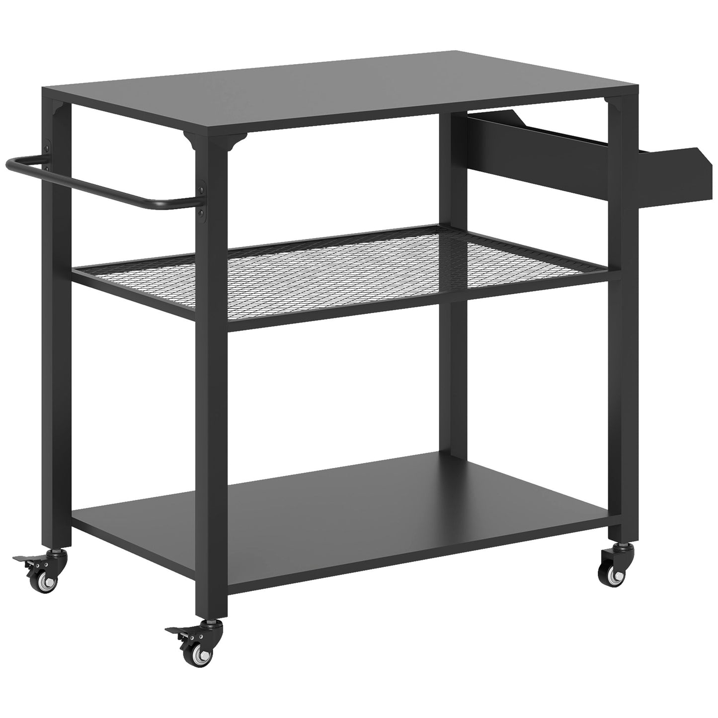 Three-Shelf Outdoor Grill Dining Cart, Pizza Oven Stand with Storage Rack, Side Handle, BBQ Movable Food Prep Table with 4 Wheels for Backyard Party