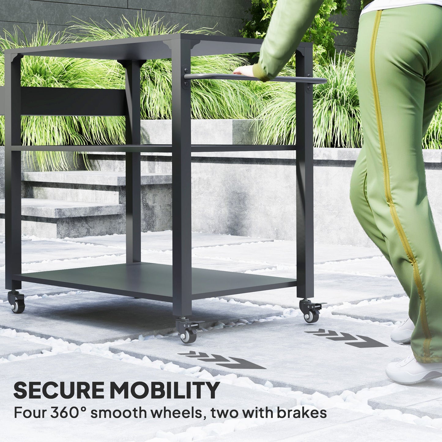Three-Shelf Outdoor Grill Dining Cart, Pizza Oven Stand with Storage Rack, Side Handle, BBQ Movable Food Prep Table with 4 Wheels for Backyard Party
