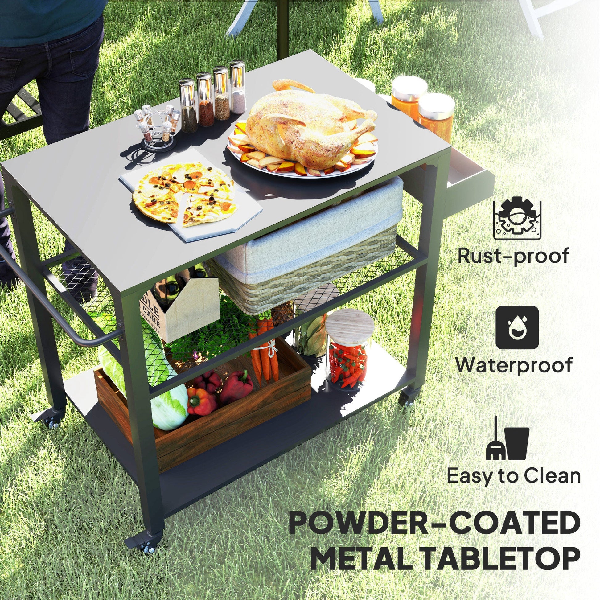 Three-Shelf Outdoor Grill Dining Cart, Pizza Oven Stand with Storage Rack, Side Handle, BBQ Movable Food Prep Table with 4 Wheels for Backyard Party