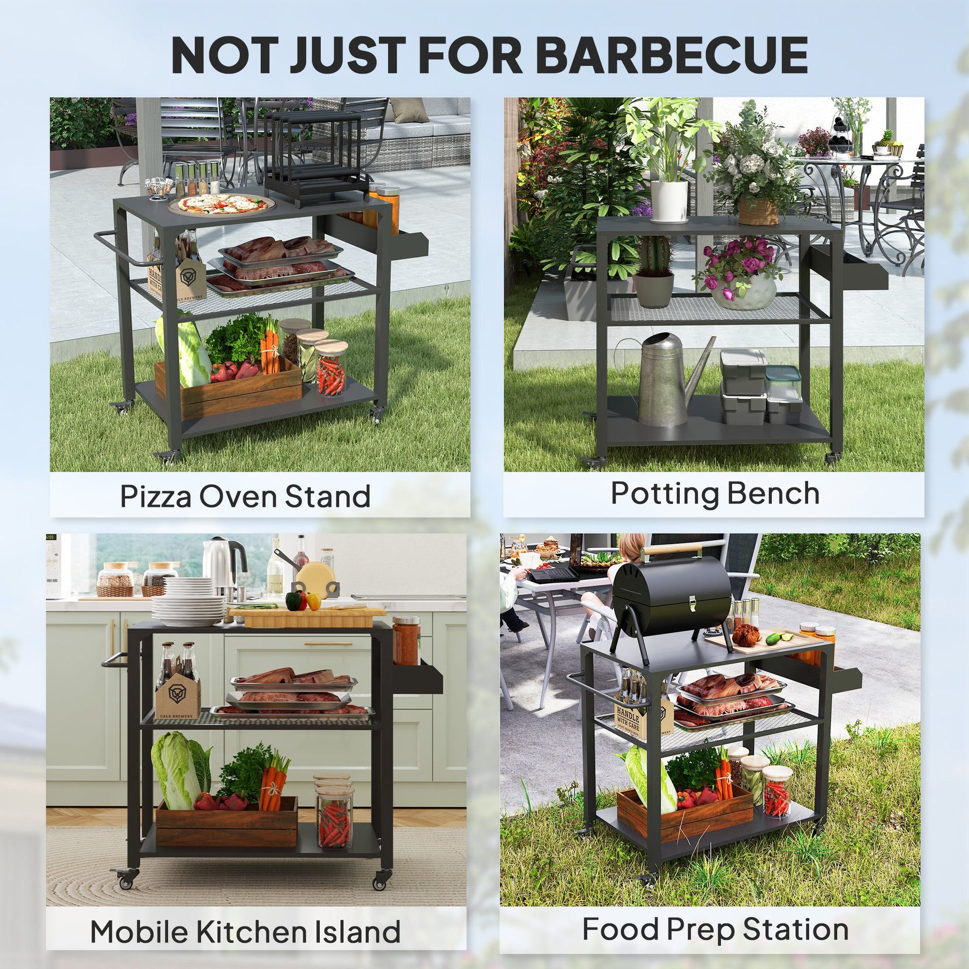 Three-Shelf Outdoor Grill Dining Cart, Pizza Oven Stand with Storage Rack, Side Handle, BBQ Movable Food Prep Table with 4 Wheels for Backyard Party