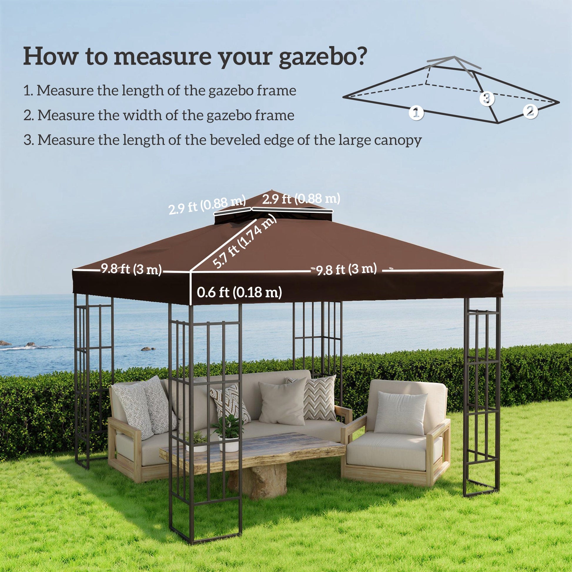 10' x 10' Gazebo Replacement Canopy Cover, 2-Tier Outdoor Gazebo Roof Replacement with Drain Holes, Water Resistant PVC Coating, 370g/㎡, UPF30+, TOP COVER ONLY, Coffee