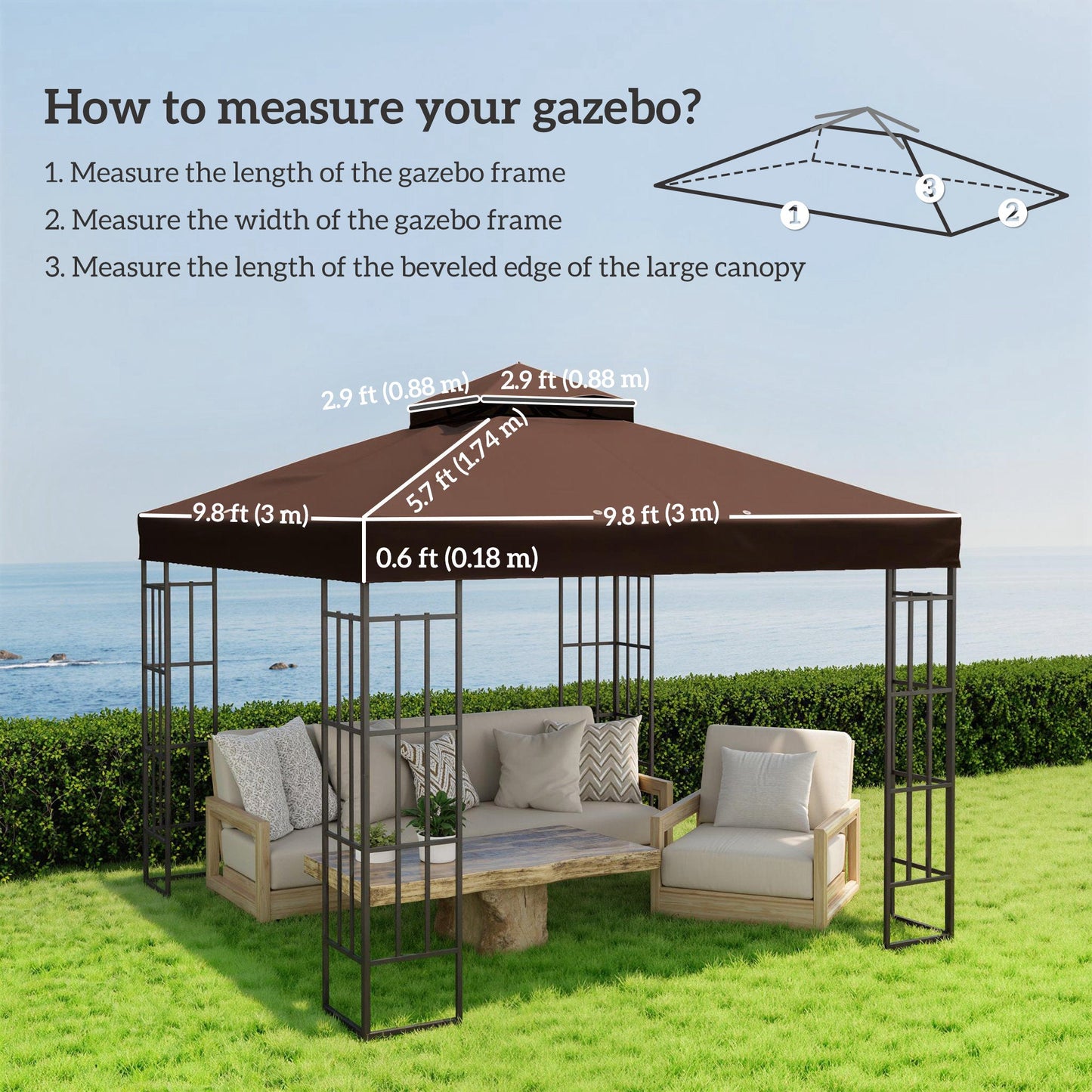 10' x 10' Gazebo Replacement Canopy Cover, 2-Tier Outdoor Gazebo Roof Replacement with Drain Holes, Water Resistant PVC Coating, 370g/㎡, UPF30+, TOP COVER ONLY, Coffee