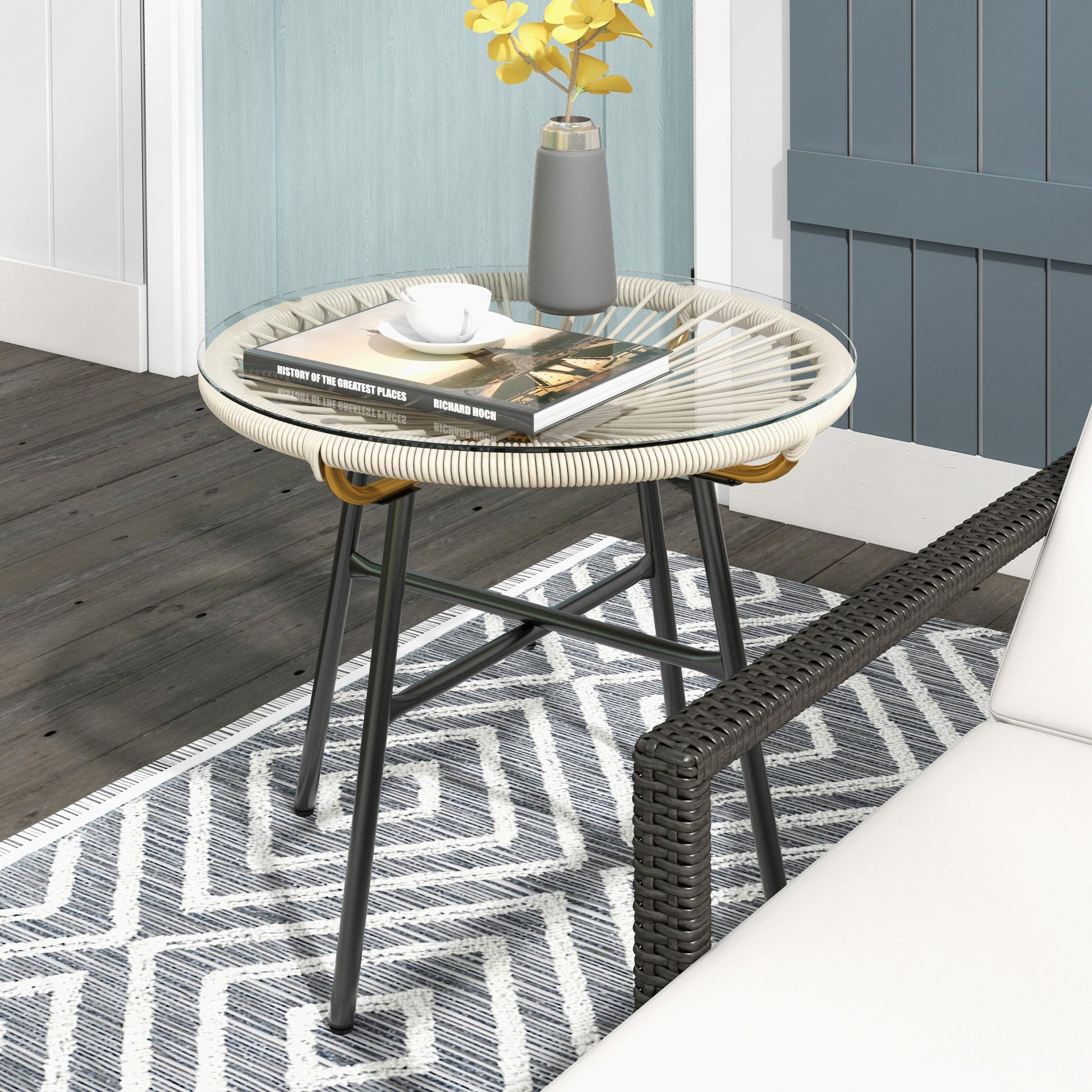 Rattan Side Table, Outdoor Round Coffee Table, with Round PE Rattan and Tempered Glass Tabletop for Patio, Garden, Balcony, Cream White