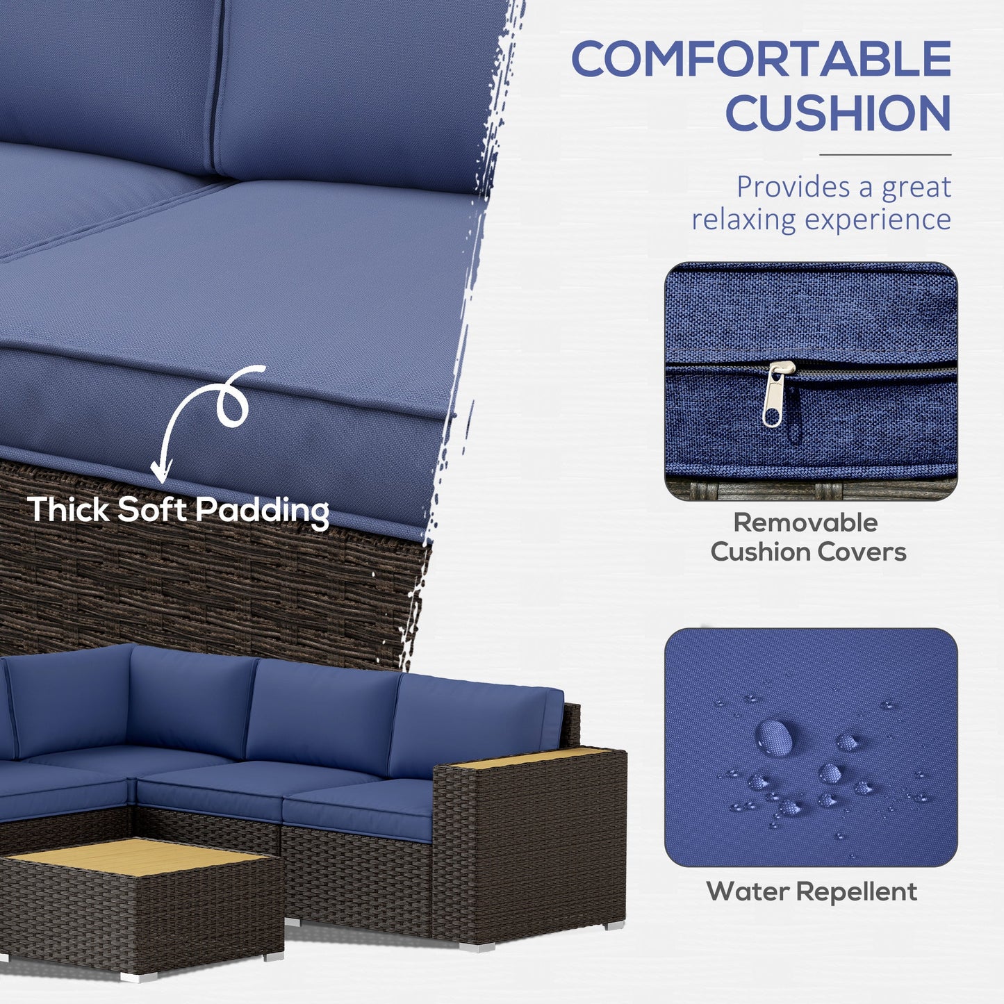 6 Pieces Rattan Patio Furniture Set, 5 Seater Sectional Outdoor Furniture with Wicker Corner Sofa and Wood-Plastic Coffee Table for Deck, Porch, Garden, Navy Blue