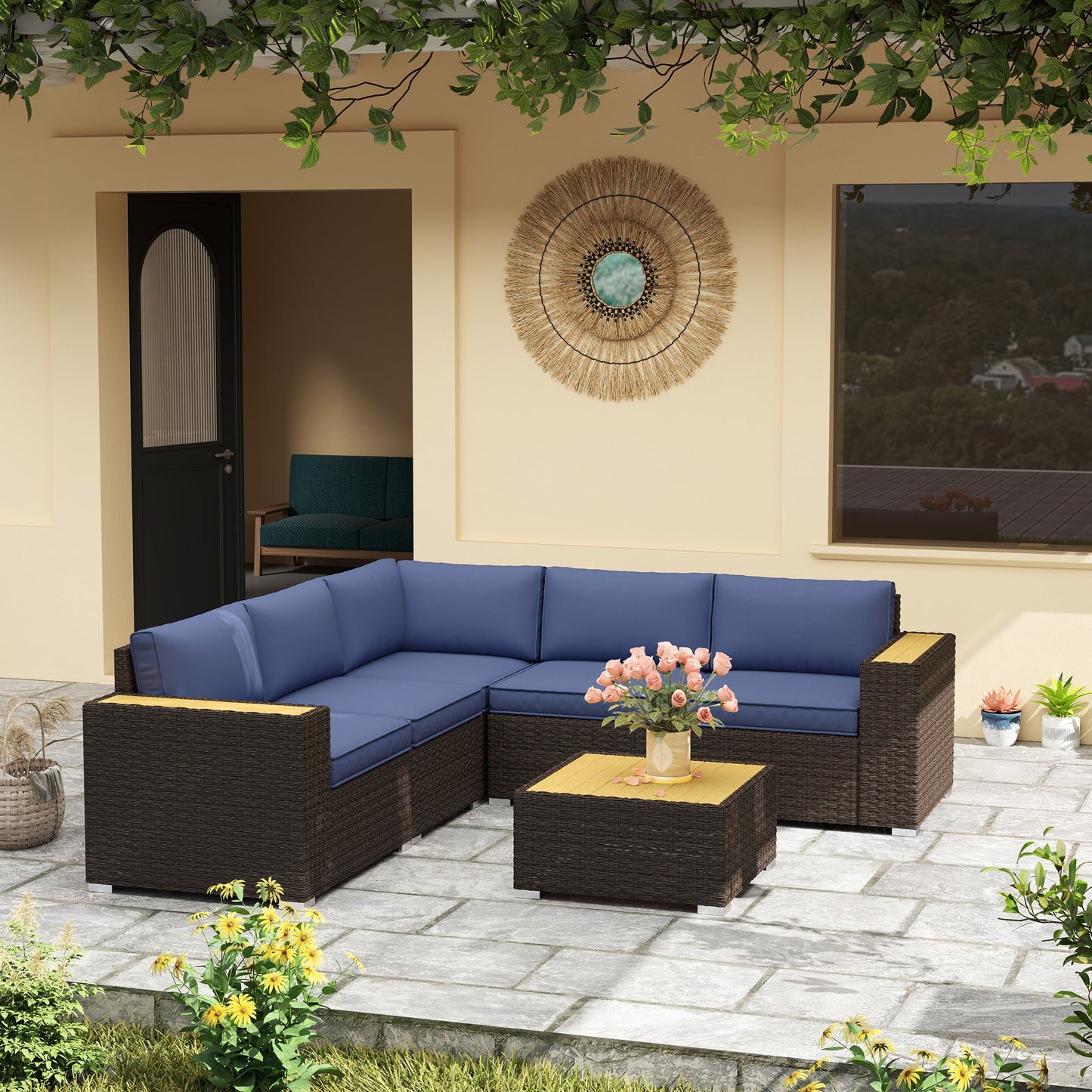 6 Pieces Rattan Patio Furniture Set, 5 Seater Sectional Outdoor Furniture with Wicker Corner Sofa and Wood-Plastic Coffee Table for Deck, Porch, Garden, Navy Blue