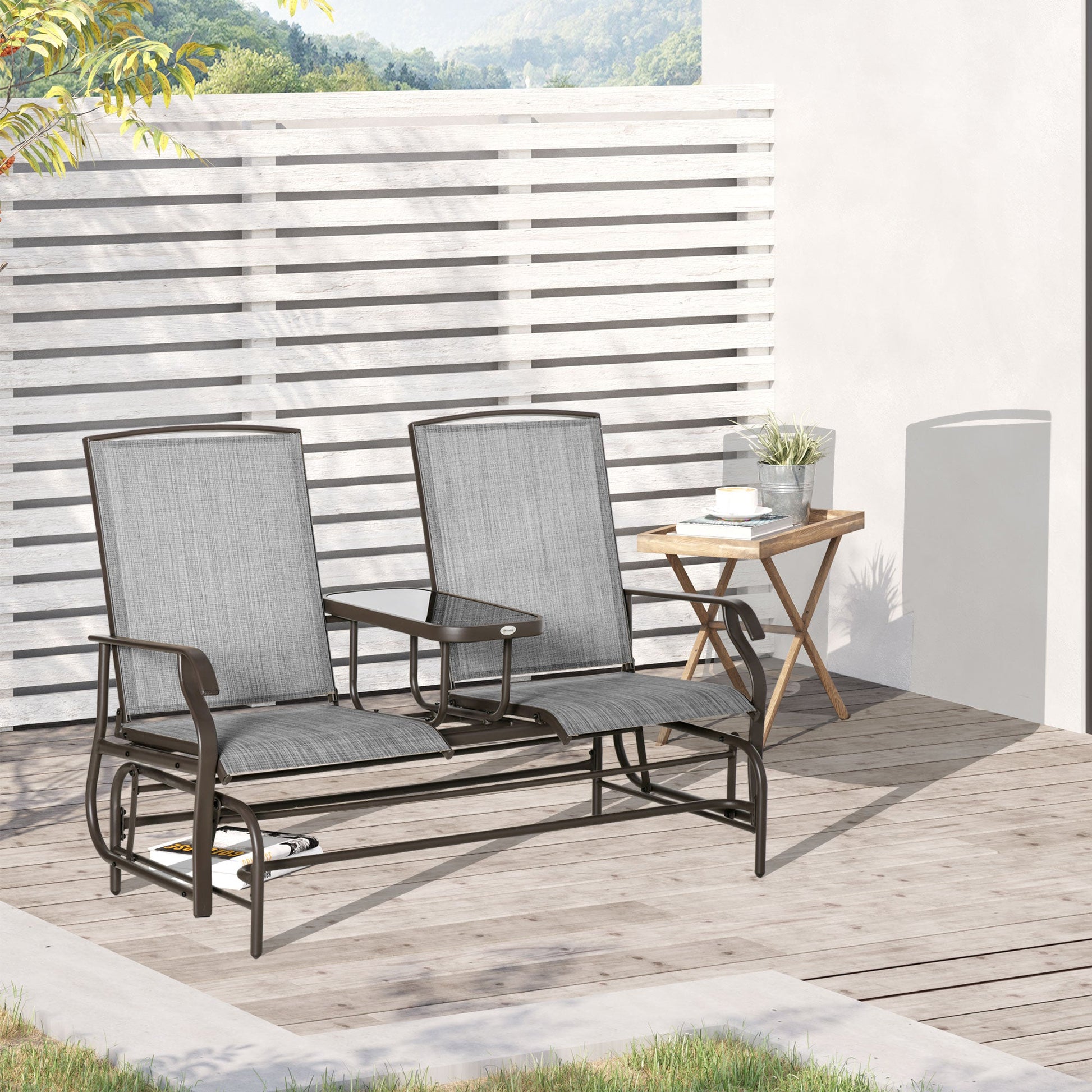 Outdoor Glider Bench with Table, Patio Loveseat for 2 Persons, Garden Glider Rocking Chair with Breathable Mesh Fabric, Grey
