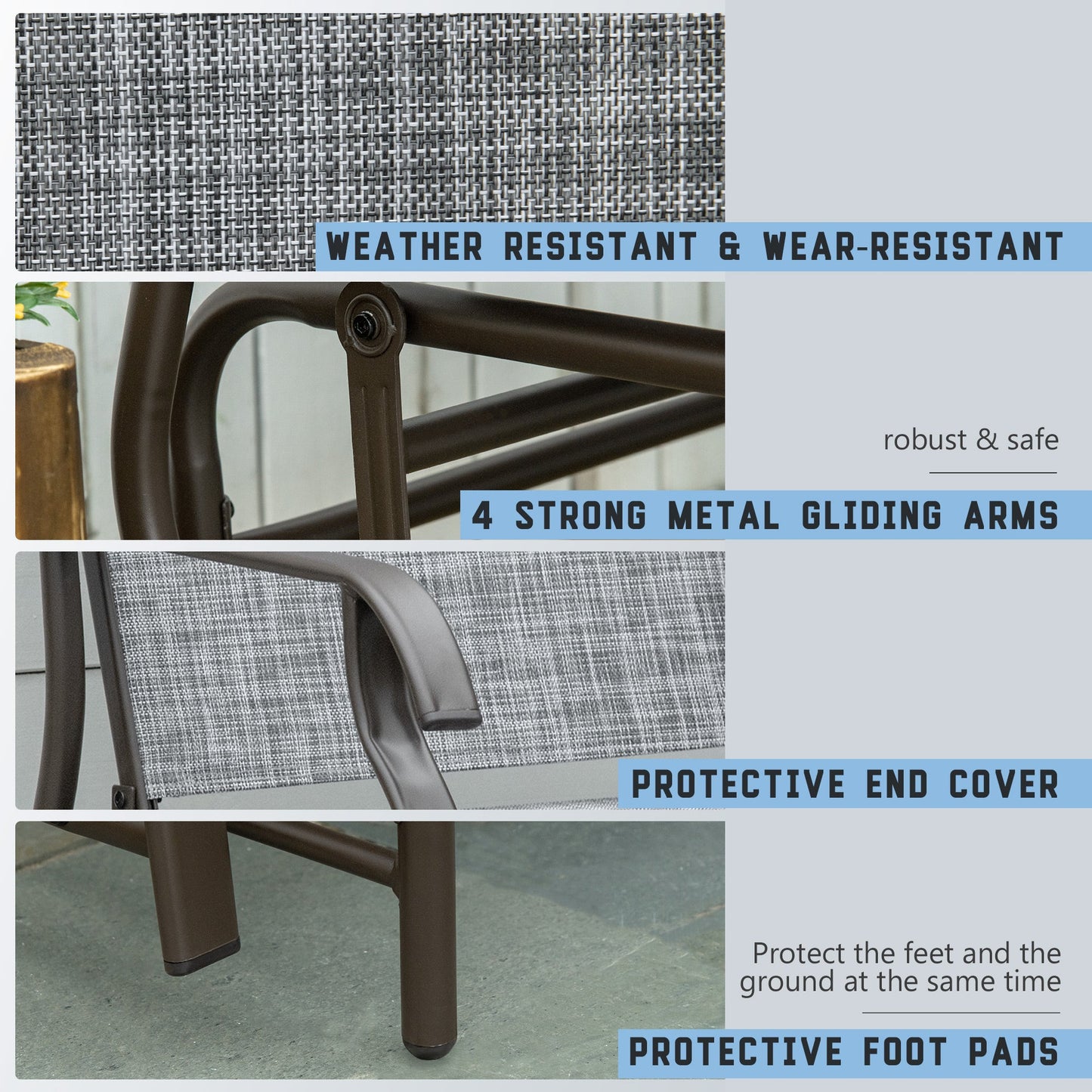 Outdoor Glider Bench with Table, Patio Loveseat for 2 Persons, Garden Glider Rocking Chair with Breathable Mesh Fabric, Grey