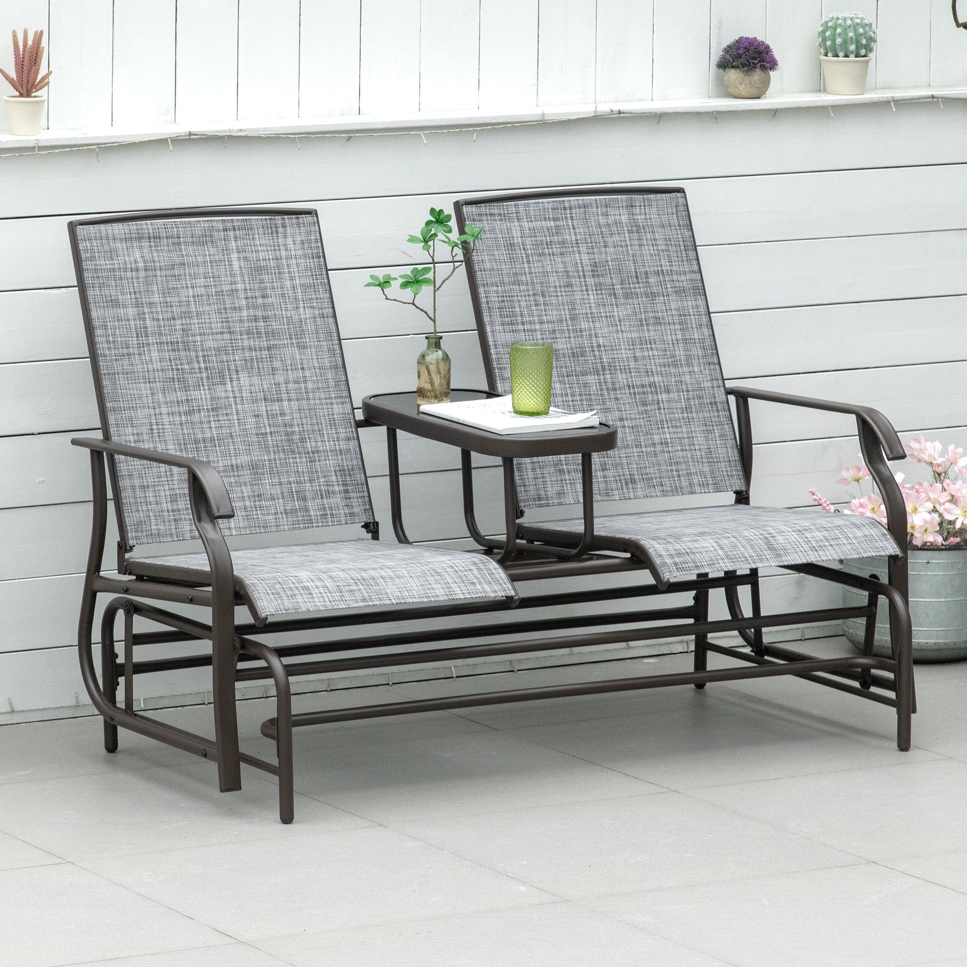 Outdoor Glider Bench with Table, Patio Loveseat for 2 Persons, Garden Glider Rocking Chair with Breathable Mesh Fabric, Grey