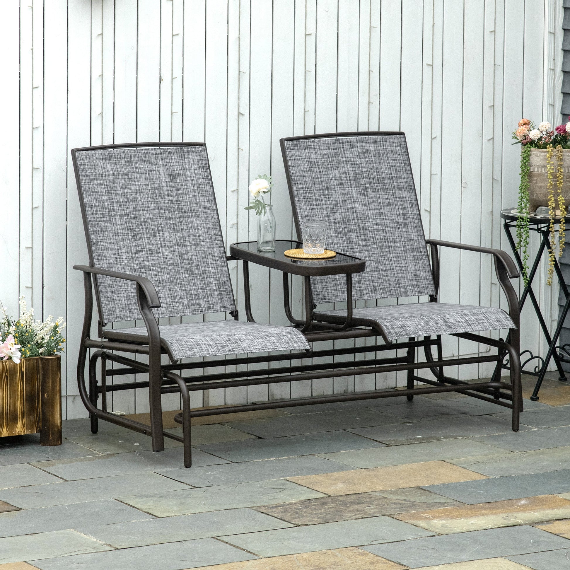 Outdoor Glider Bench with Table, Patio Loveseat for 2 Persons, Garden Glider Rocking Chair with Breathable Mesh Fabric, Grey