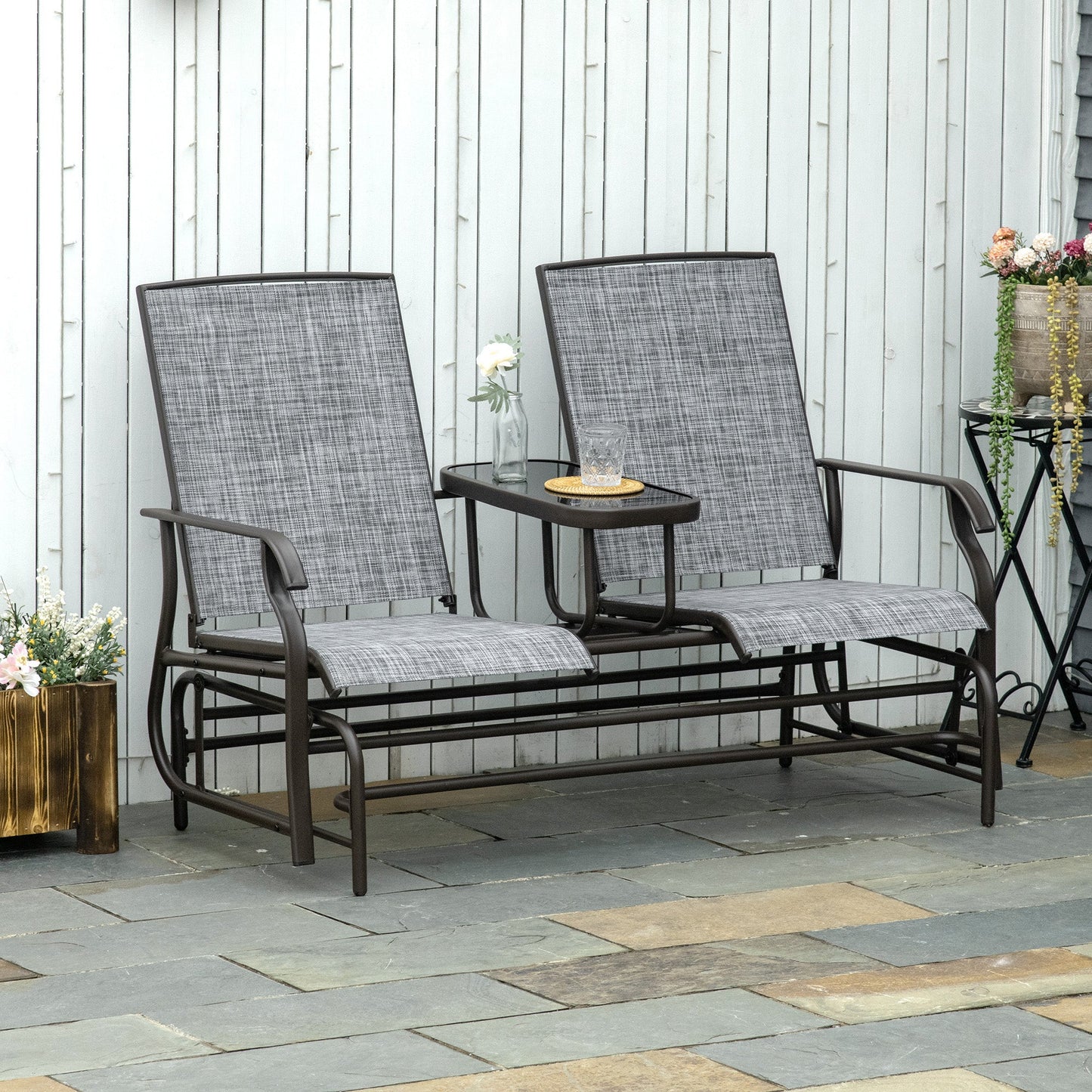 Outdoor Glider Bench with Table, Patio Loveseat for 2 Persons, Garden Glider Rocking Chair with Breathable Mesh Fabric, Grey