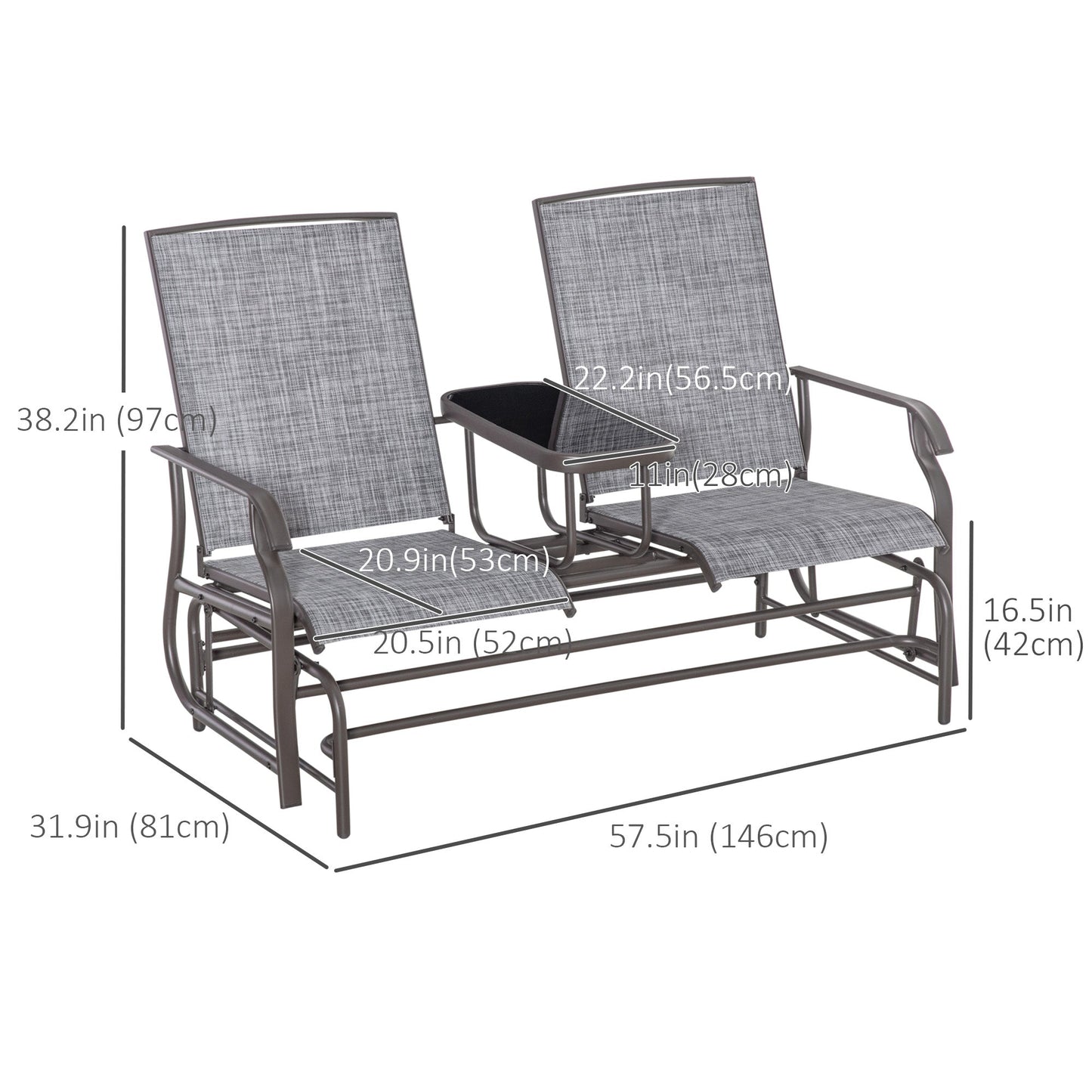 Outdoor Glider Bench with Table, Patio Loveseat for 2 Persons, Garden Glider Rocking Chair with Breathable Mesh Fabric, Grey