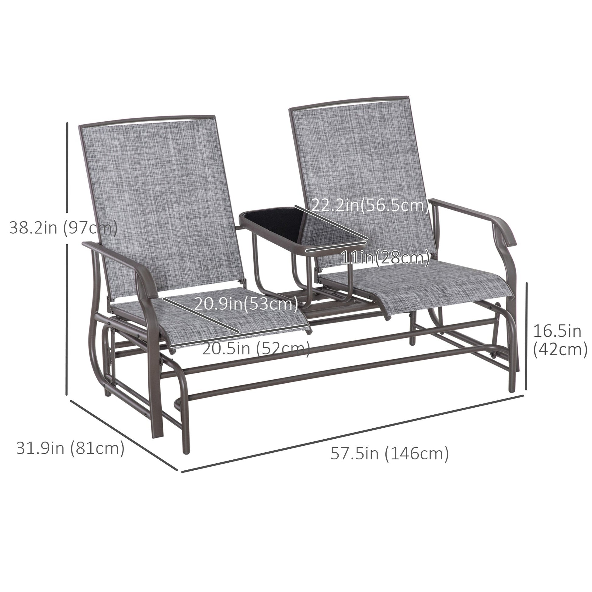 Outdoor Glider Bench with Table, Patio Loveseat for 2 Persons, Garden Glider Rocking Chair with Breathable Mesh Fabric, Grey