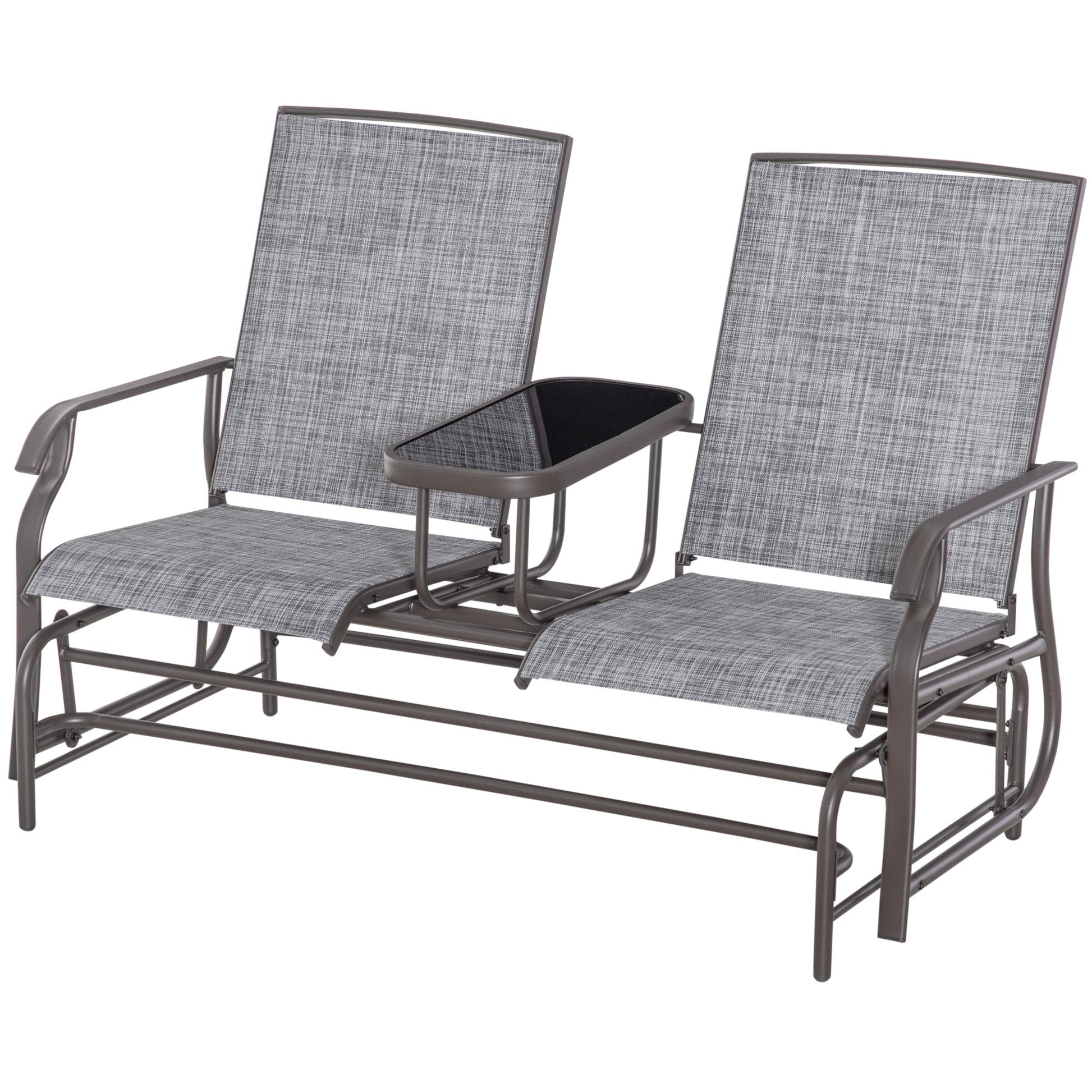 Outdoor Glider Bench with Table, Patio Loveseat for 2 Persons, Garden Glider Rocking Chair with Breathable Mesh Fabric, Grey