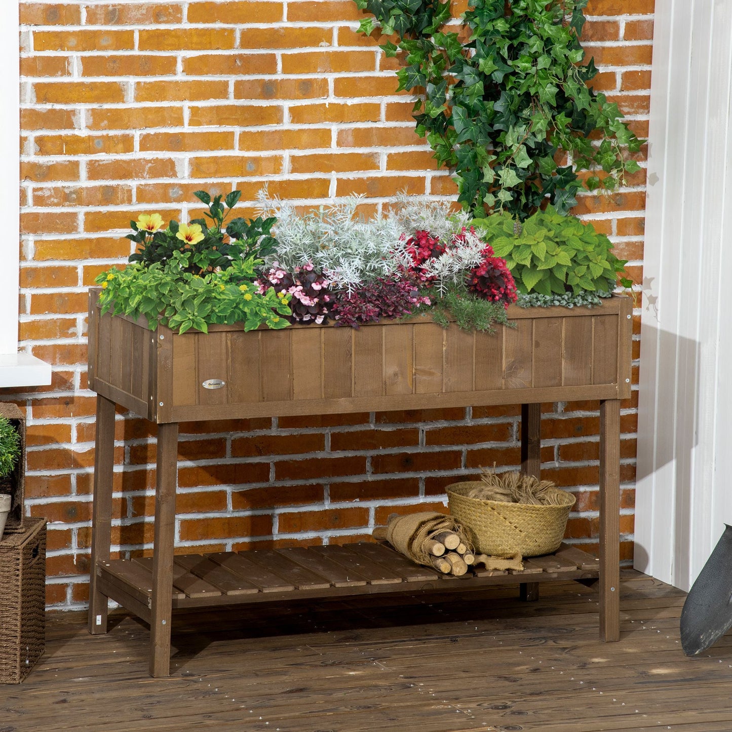 43" x 18" x 30" Raised Garden Bed, Wood Planter Box with Storage Shelf and 8 Pockets, to Grow Herbs, Vegetables, and Flowers, Dark Brown