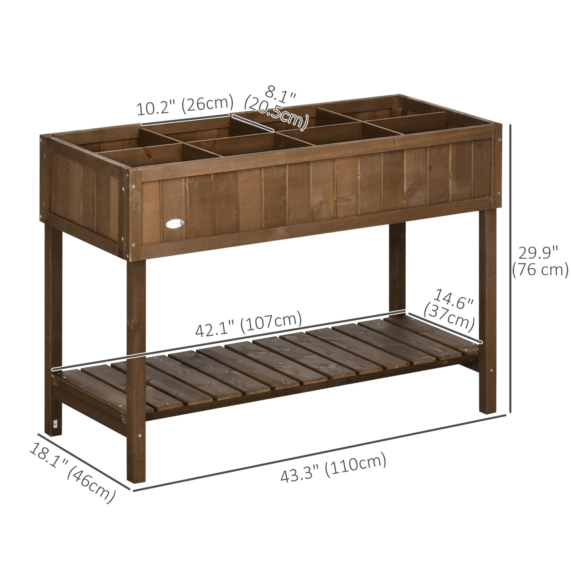 43" x 18" x 30" Raised Garden Bed, Wood Planter Box with Storage Shelf and 8 Pockets, to Grow Herbs, Vegetables, and Flowers, Dark Brown