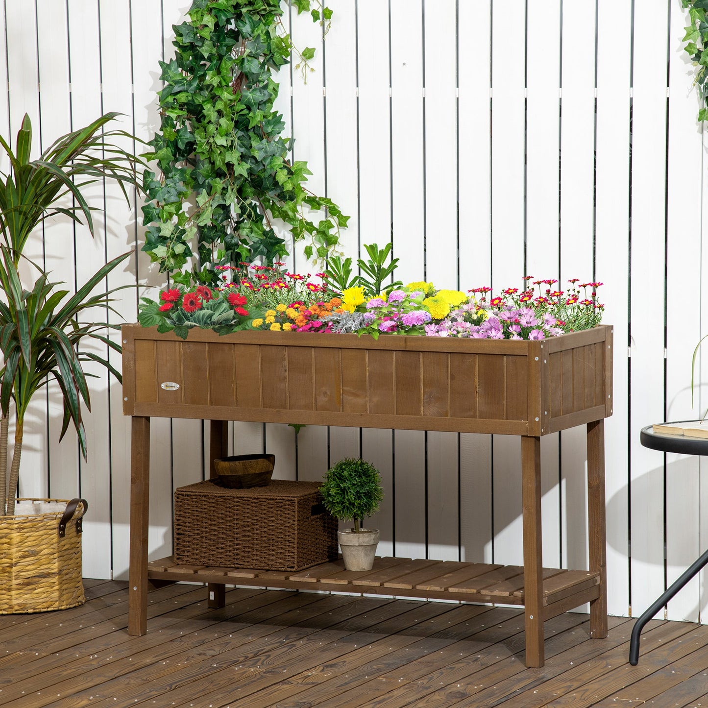 43" x 18" x 30" Raised Garden Bed, Wood Planter Box with Storage Shelf and 8 Pockets, to Grow Herbs, Vegetables, and Flowers, Dark Brown