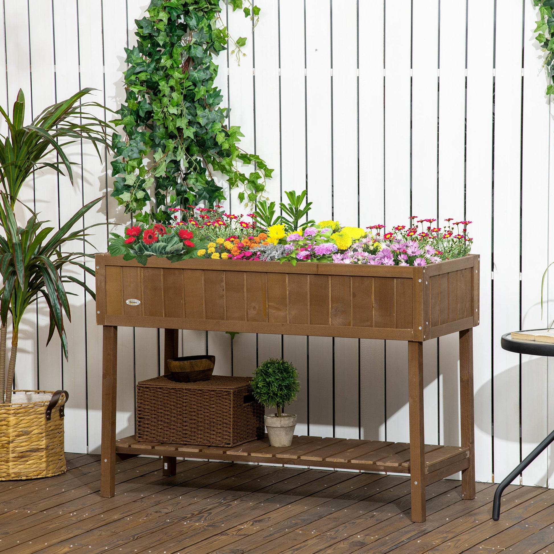 43" x 18" x 30" Raised Garden Bed, Wood Planter Box with Storage Shelf and 8 Pockets, to Grow Herbs, Vegetables, and Flowers, Dark Brown