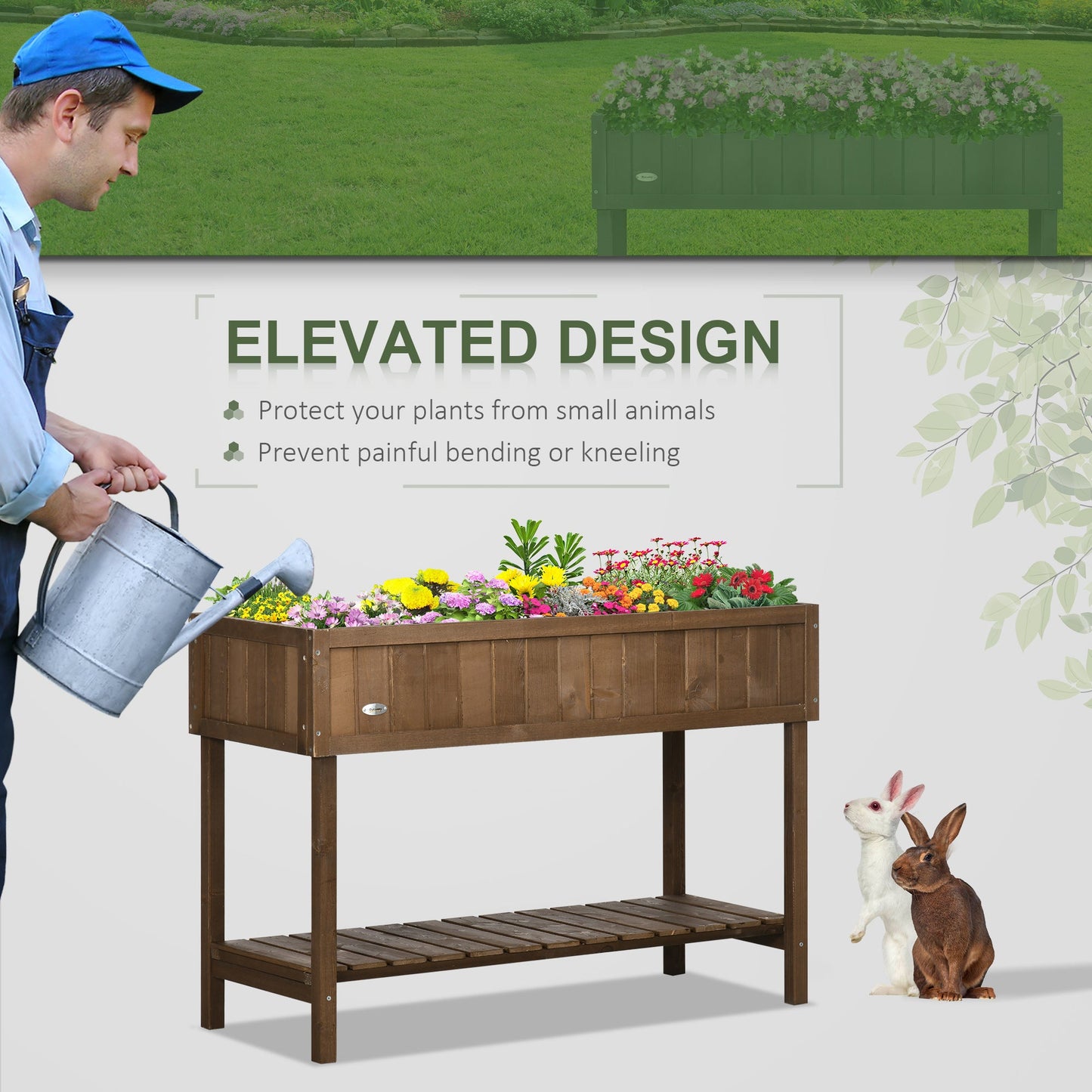 43" x 18" x 30" Raised Garden Bed, Wood Planter Box with Storage Shelf and 8 Pockets, to Grow Herbs, Vegetables, and Flowers, Dark Brown