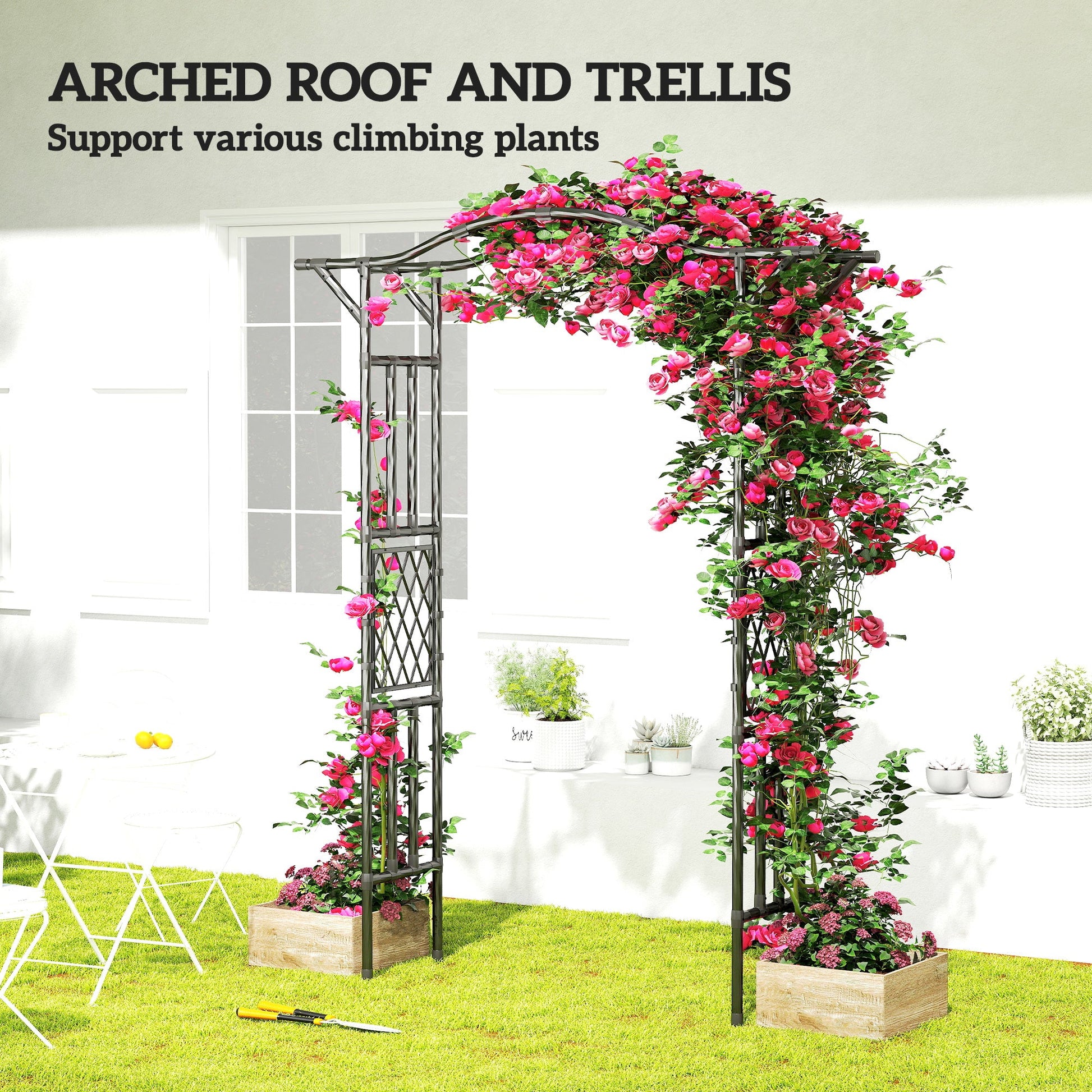 7.5ft Garden Arch, PE-Coated Steel Outdoor Trellis Arbor with Extended Upturned Top for Climbing Plants, Wedding Arch for Party Outdoor Garden Backyard, Black