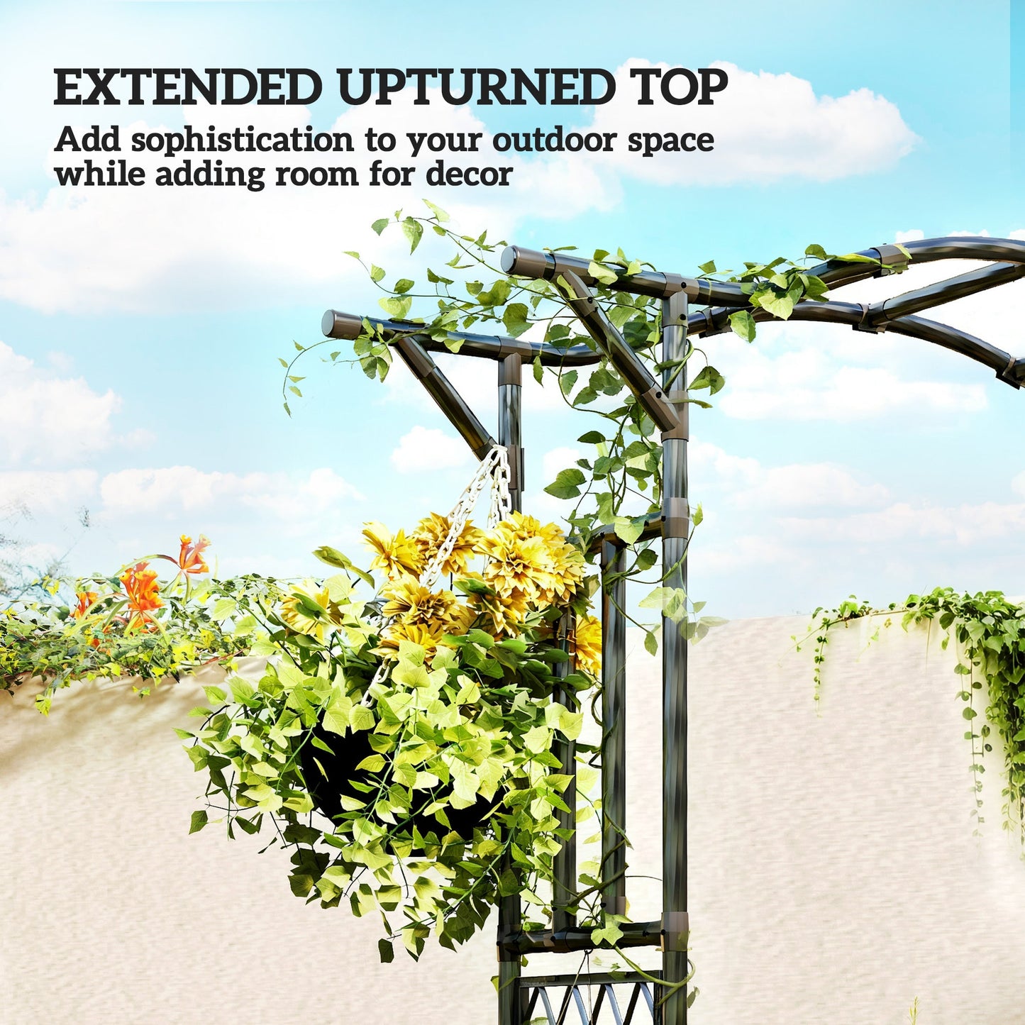 7.5ft Garden Arch, PE-Coated Steel Outdoor Trellis Arbor with Extended Upturned Top for Climbing Plants, Wedding Arch for Party Outdoor Garden Backyard, Black