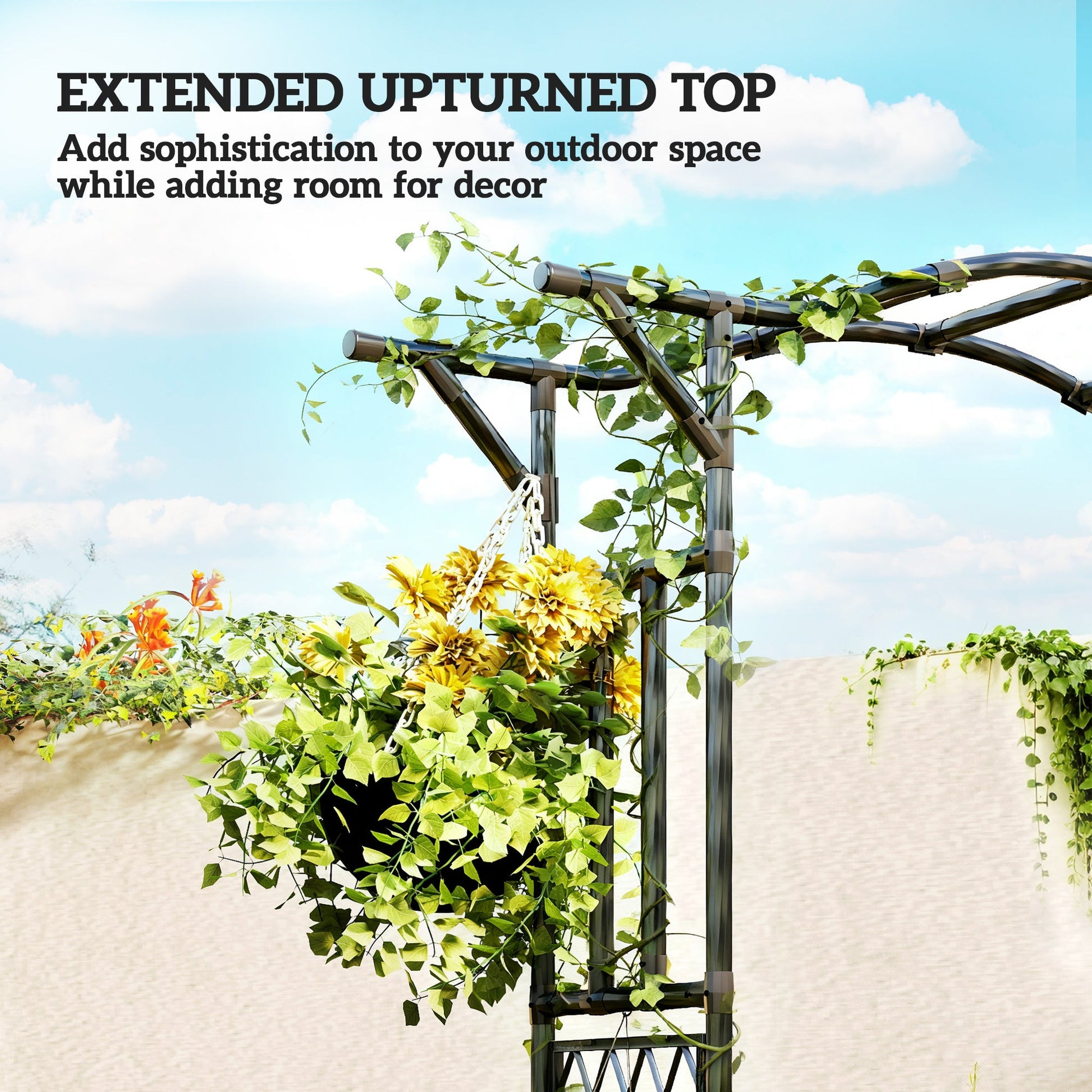 7.5ft Garden Arch, PE-Coated Steel Outdoor Trellis Arbor with Extended Upturned Top for Climbing Plants, Wedding Arch for Party Outdoor Garden Backyard, Black