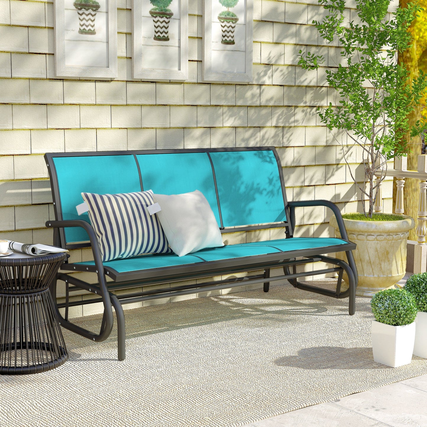 3-Seat Outdoor Glider, Patio Glider Outdoor Bench with Steel Frame, All Weather Breathable Mesh Seat for Garden, Backyard, Lawn, Blue