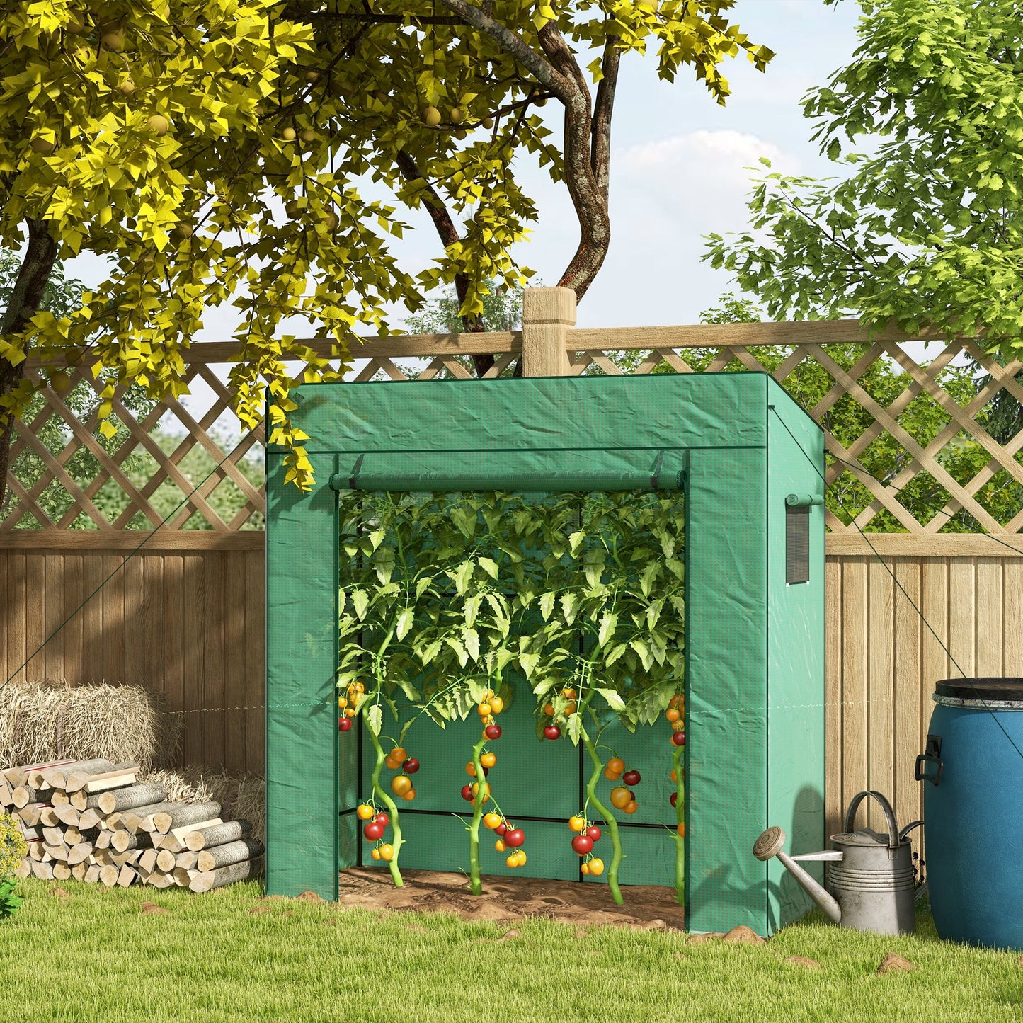 Lean-to Tomato Greenhouse with PE Cover, Walk-in Green House with Roll-up Door and 2 Mesh Windows, Portable Plant Grow House for Indoor Outdoor, 77.2"x30.3"x77.6", Green
